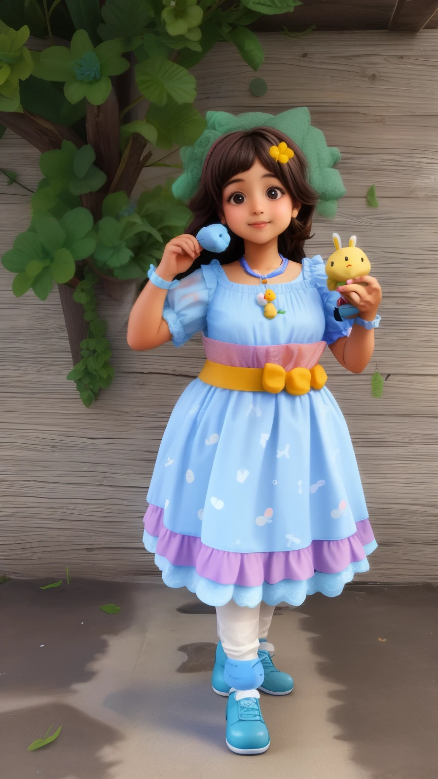A with a blue stuffed rabbit in her hands, orelhas de coelho, easter theme background