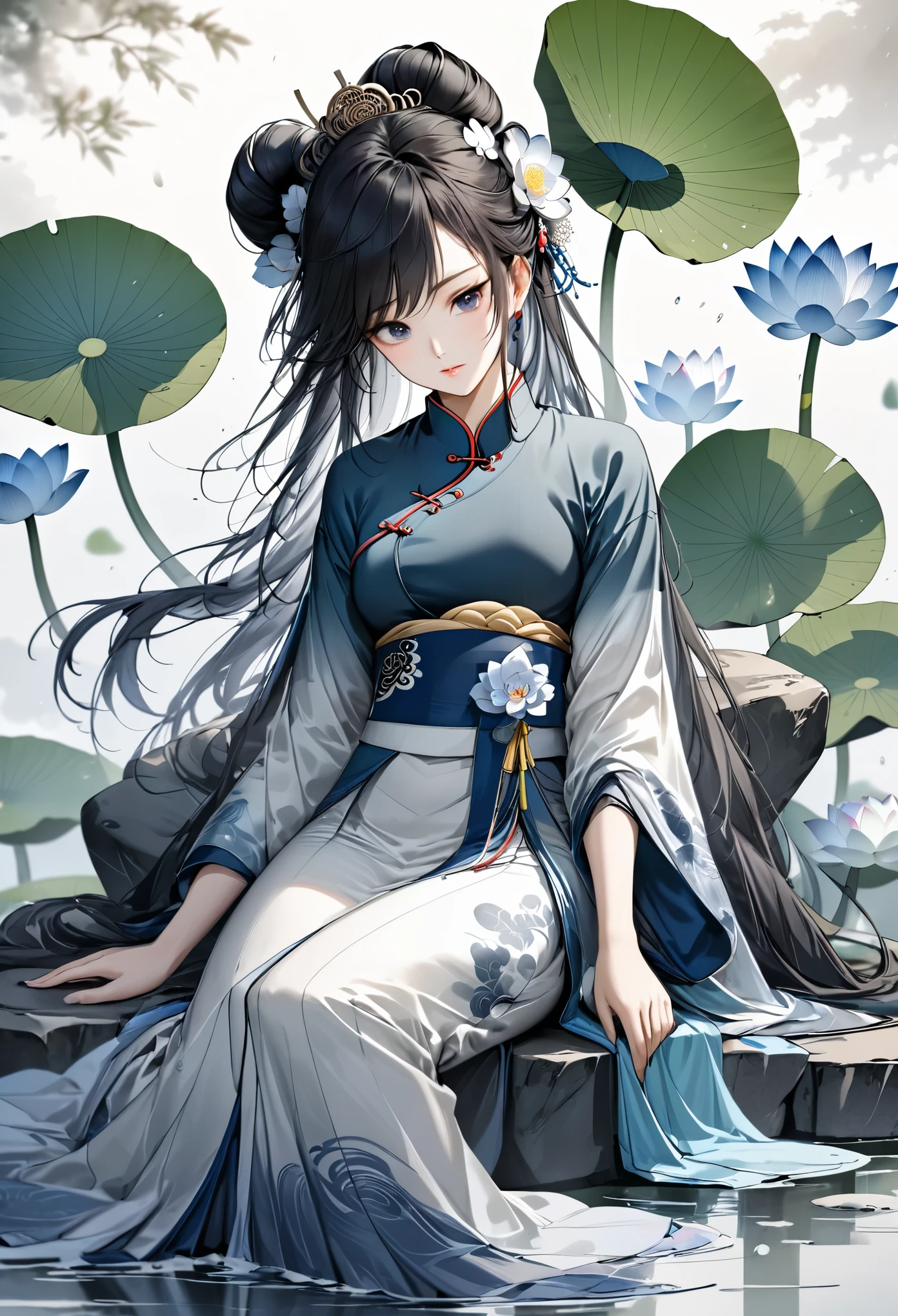Chinese beauty sitting on stone, wearing chinese clothes, flowing blue tulle, Light silk, lazy posture, big lotus leaf, lotus, ink painting style, clean colors, Decisive cutting, blank, unarmed, masterpiece, super detailed, epic work, high quality, best quality, 4k --v 6