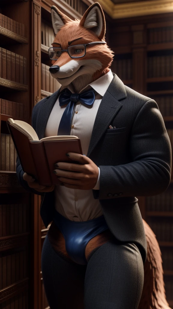 A muscular Fox male fursuit Wearing a very sexy and tight thong and nerdy glasses Alone in the library reading a hentai manga total silence 3D cinematic style Hollywood live action Looking at the book fully concentrated 