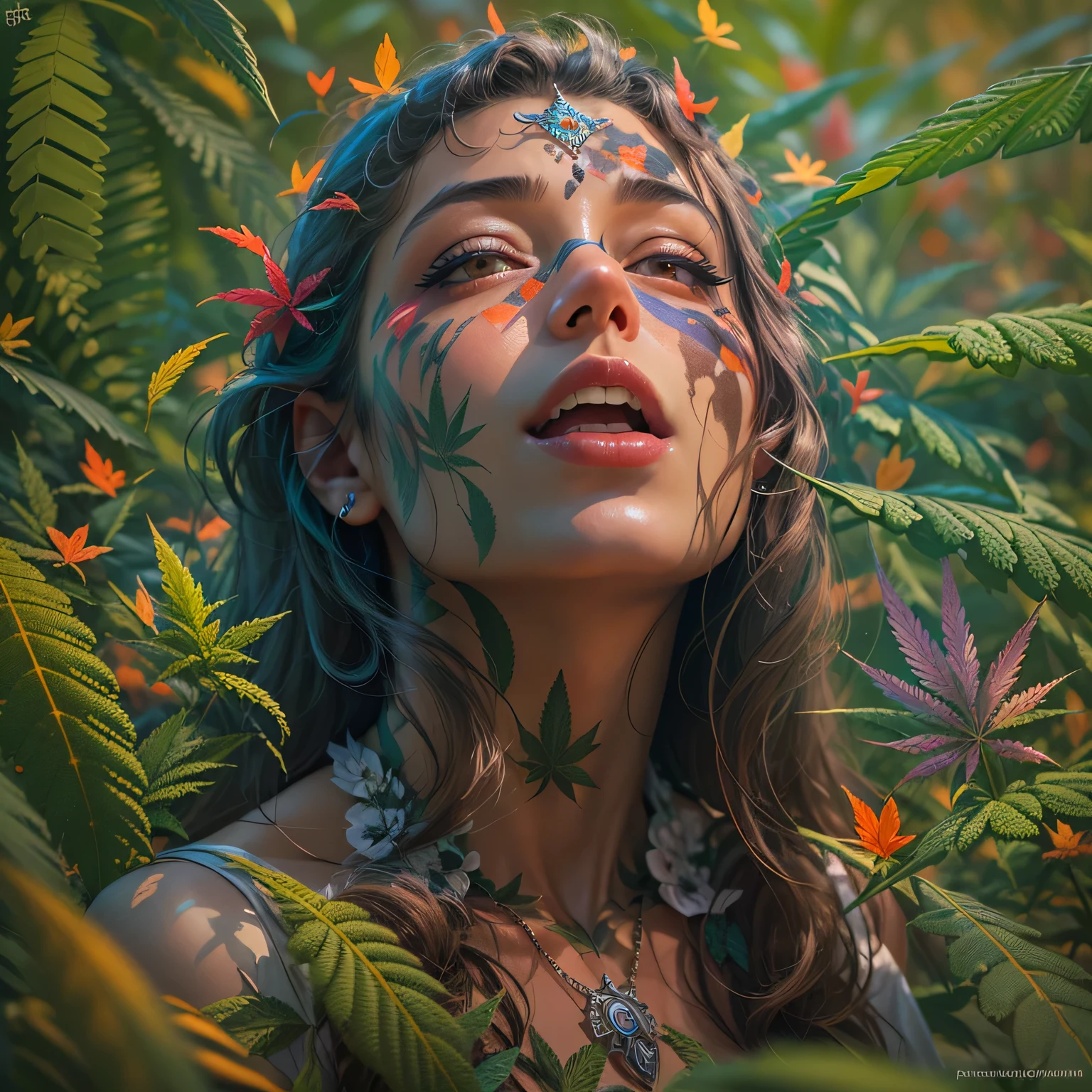 Top quality, masterpiece, super high resolution, ((Photorealistic: 1.4), raw photo, 1 beautiful girl buried in cannabis, ((portrait)), shiny skin, (super realistic details)), Cannabis and cocaine covering limbs, drug education. Beautiful woman with tongue sticking out, ((LSD)), psychedelic background, octane rendering, 8K, super sharp, metal, Intricate psychedelic details, very intricate details, realistic light, facing the camera, psychedelic details,