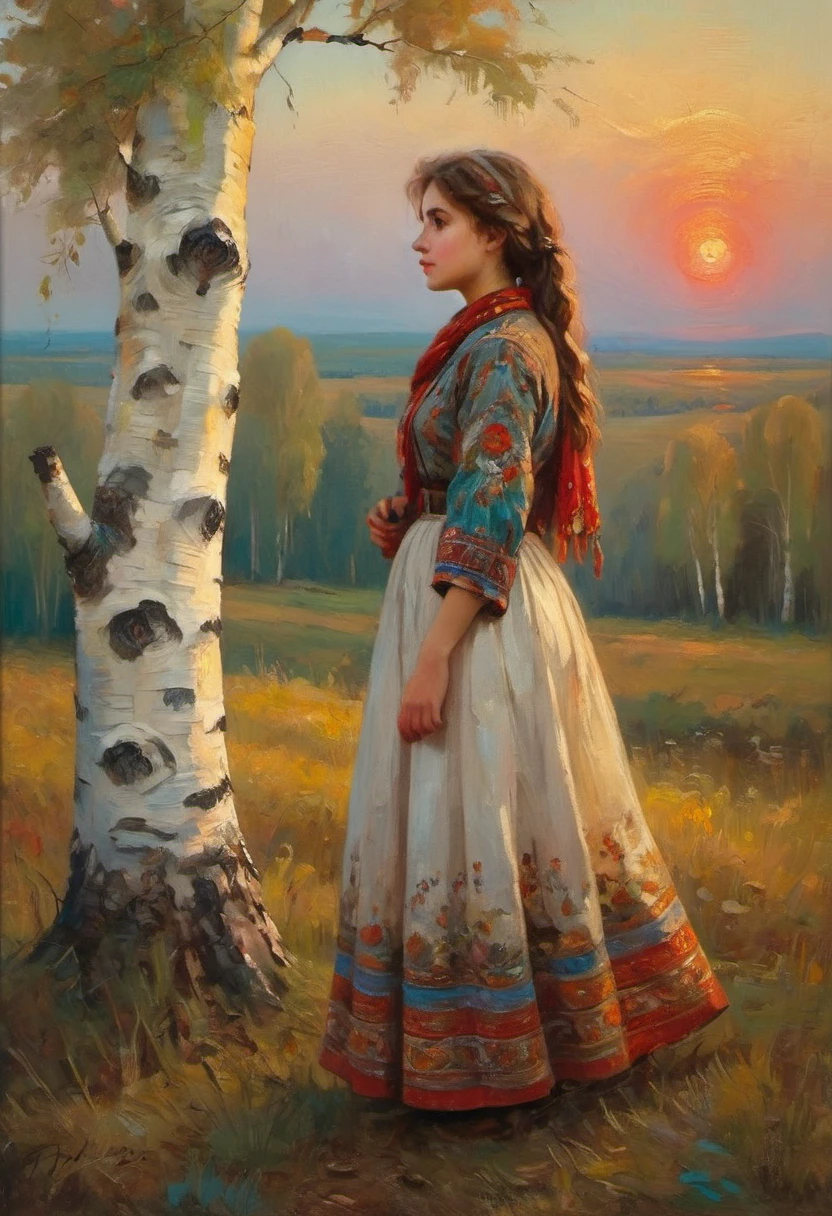 a young Russian girl, against the background of a scarlet sunset, complex detailing, aged canvas, "the girl by the white birch" (in the style of Konstantin Makovsky, depicted in oil on canvas),
depicts a beautiful girl with brown hair in a scarf, dressed in a top and maxi skirt with patterns and knitting, a birch branch with silk multicolored ribbons((background: high bank of the white birch river in cheerful colors,
stunning, highly detailed, 8k, ornate, intricate, vintage, dehydrated, atmospheric, scuff gradient,
(oil painting: 0.75), (splash: 0.75), (turquoise: 0.2), (orange: 0.2), (pink:0.33), 
 (Jeremy Mann: 0.5), (John Constable: 0.1),
((El Greco: 0.5),(acrylic paint: 0.75), 8k (())e