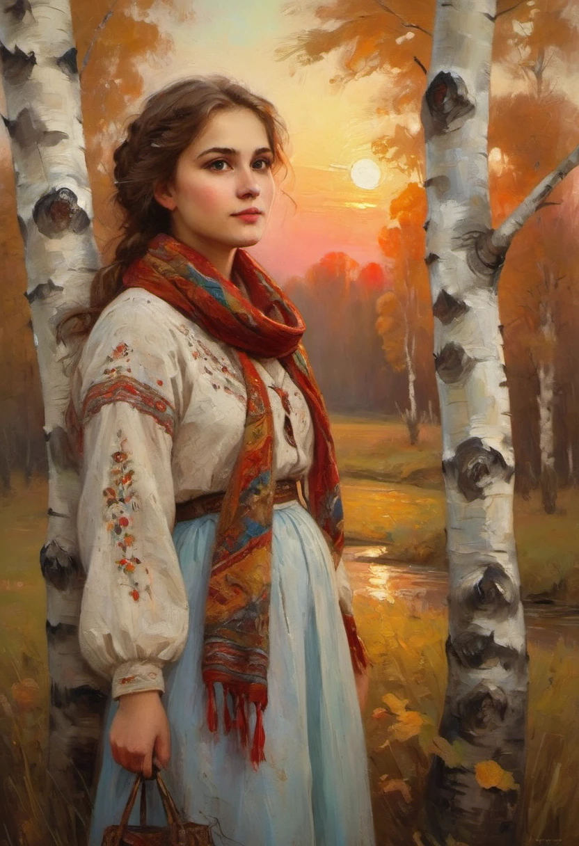 a young Russian girl, against the background of a scarlet sunset, complex detailing, aged canvas, "the girl by the white birch" (in the style of Konstantin Makovsky, depicted in oil on canvas),
depicts a beautiful girl with brown hair in a scarf, dressed in a top and maxi skirt with patterns and knitting, a birch branch with silk multicolored ribbons((background: high bank of the white birch river in cheerful colors,
stunning, highly detailed, 8k, ornate, intricate, vintage, dehydrated, atmospheric, scuff gradient,
(oil painting: 0.75), (splash: 0.75), (turquoise: 0.2), (orange: 0.2), (pink:0.33), 
 (Jeremy Mann: 0.5), (John Constable: 0.1),
((El Greco: 0.5),(acrylic paint: 0.75), 8k (())e