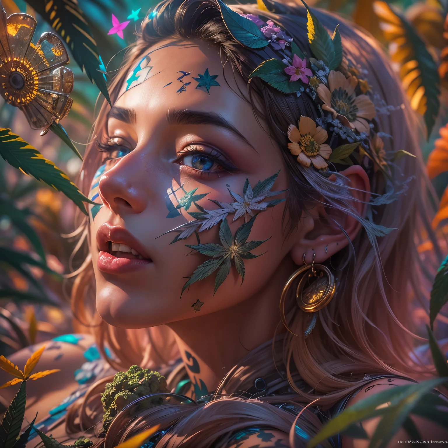Top quality, masterpiece, super high resolution, ((Photorealistic: 1.4), raw photo, 1 beautiful girl buried in cannabis, ((portrait)), shiny skin, (super realistic details)), Cannabis and cocaine covering limbs, drug education. Beautiful woman with tongue sticking out, ((LSD)), psychedelic background, octane rendering, 8K, super sharp, metal, Intricate psychedelic details, very intricate details, realistic light, facing the camera, psychedelic details,