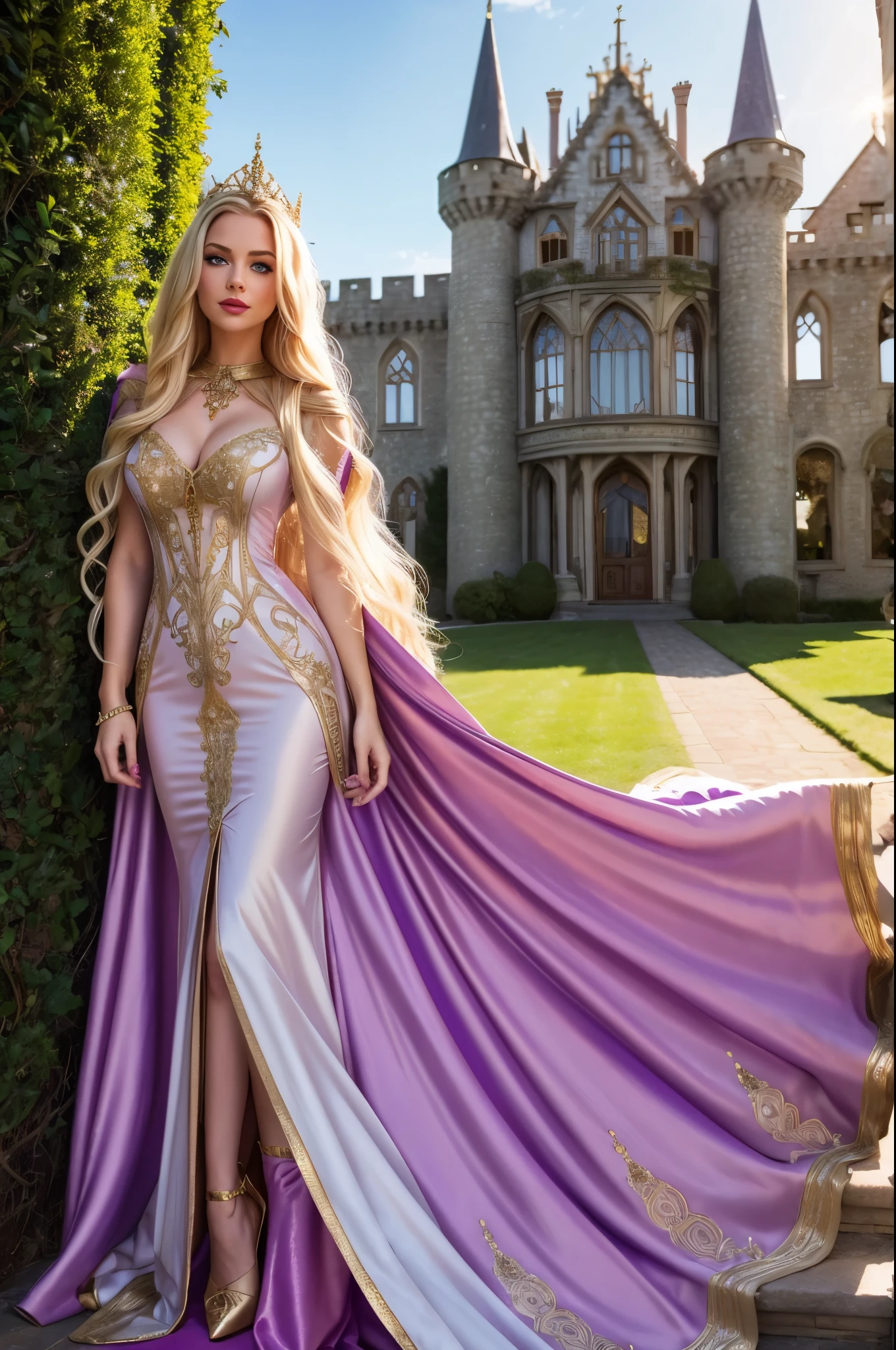 , dressed as rapunzel, pink maxi dress, gold details, purple cape, detailed outfit, detailed long curly hair, blonde hair, blue eyes, red lips, detailed fantasy dress outfit, exterior castle scene, castle motif, gorgeous, hourglass figure, sexy outfit, see-through dress, beautiful dress, smirk, beautiful setting, soft lighting,