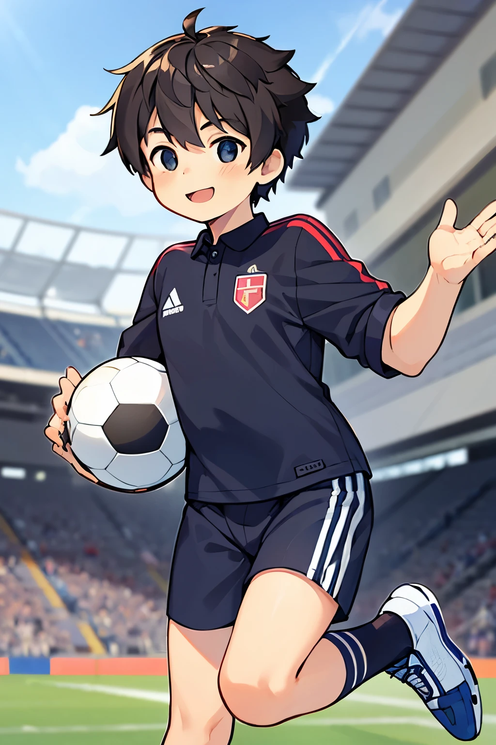 Illustration of an 、Japanese、cute、short black hair、smile、playing soccer、Soccer jersey、Football Stadium、soccer ball