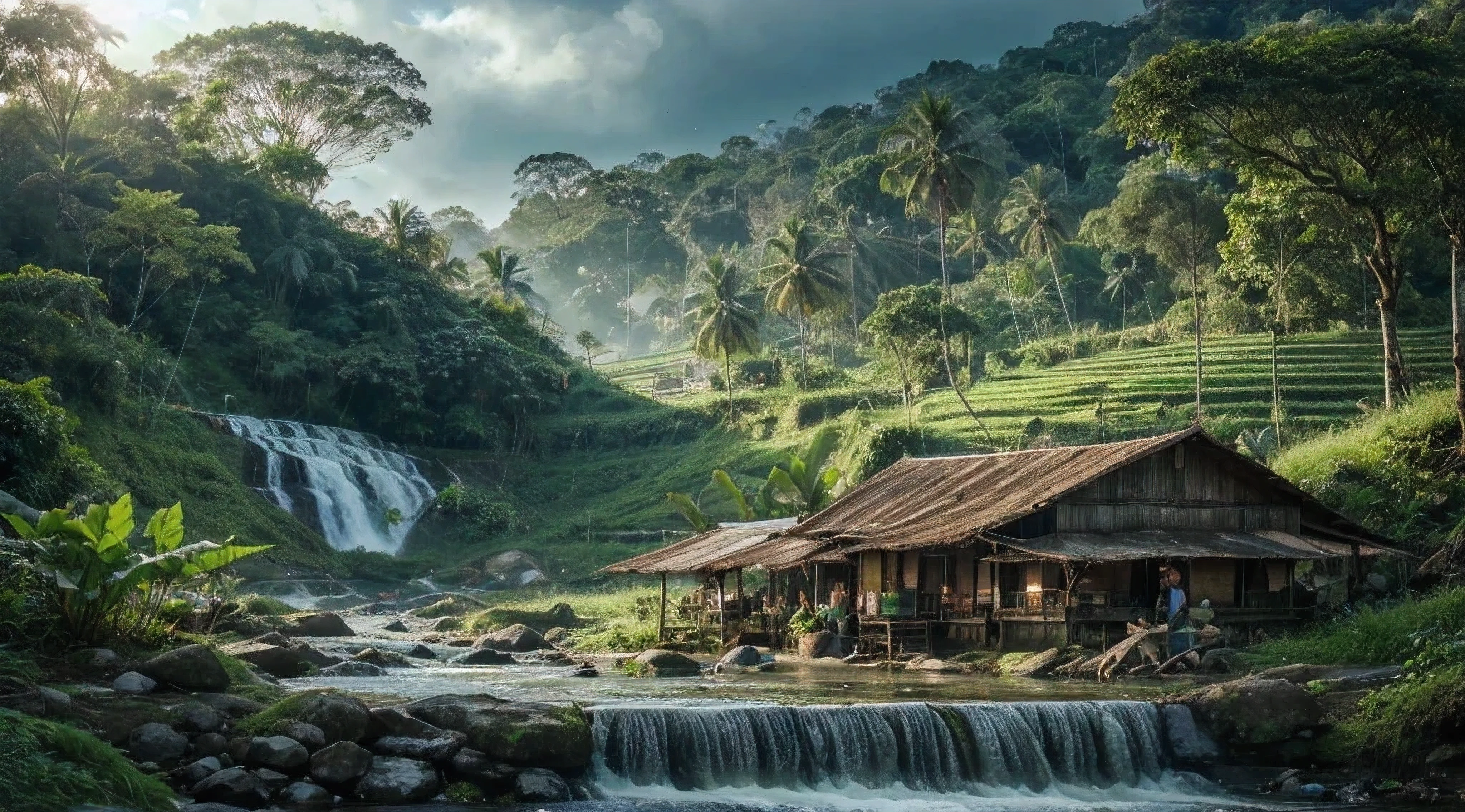 Gubuk atap seng sedikit berkarat pohon hijau cerah pepohonan ayam sedikit samping air terjun kecil sungai mengalir jernih ada jalan naik batu besar jalan kerikil nyamping turun samping sawah hijau rata, sedikit lumut pakis bunga seorang wanita mencuci pohon pisang pohon kelapa, tanaman, latar belakang sawah rata sejuk langit biru gelap awan putih abu" ungu gelap mejestic cloud Ultra UHD ultra HD.50.ultra natural effect. Ultra HD Profesional Photographer Profesional.