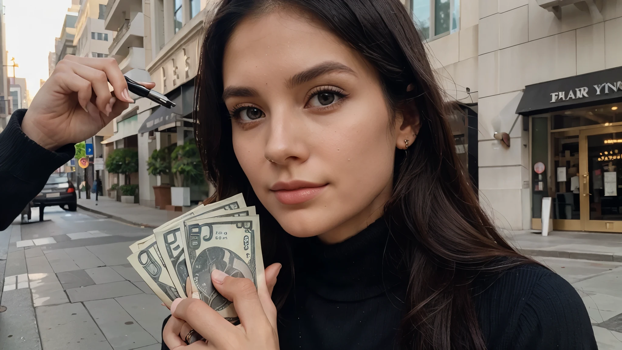 An elegant girl with piercing eyes, gracefully conducting business transactions and accumulating wealth in the form of dollars.
