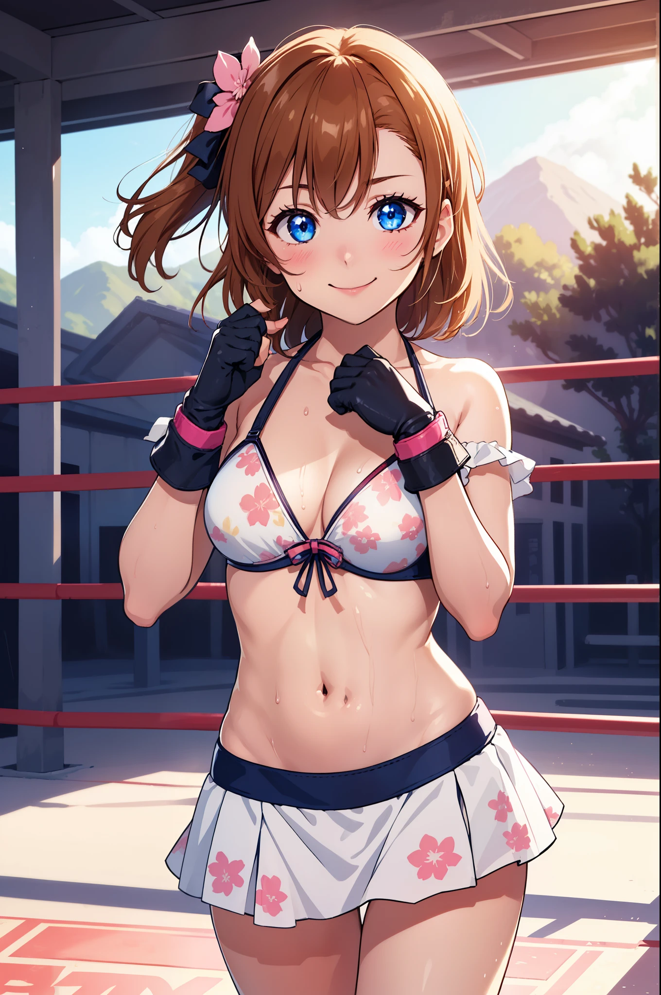 (Masterpiece, Best Quality, High Quality), cowboy shot,volumetric lighting, illustration, beautiful, perfect lighting, perfect shadows, (breathtaking scenery:1.1), blushing, facing viewer, standing,Kousaka honoka, blue eyes, white bikini,sakura printed, big breasts, sweating, smile,in wrestling ring , fingerless gloves