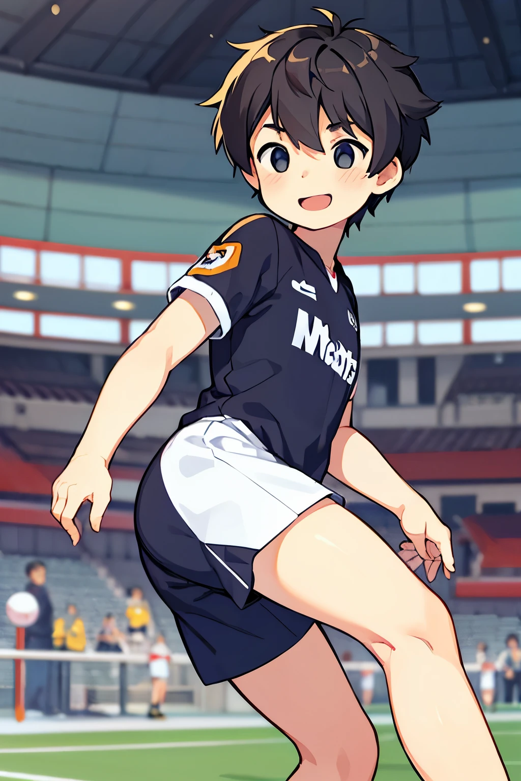 Illustration of an elementary school boy、Japanese、cute、short black hair、smile、playing soccer、Soccer jersey、Football Stadium、soccer ball