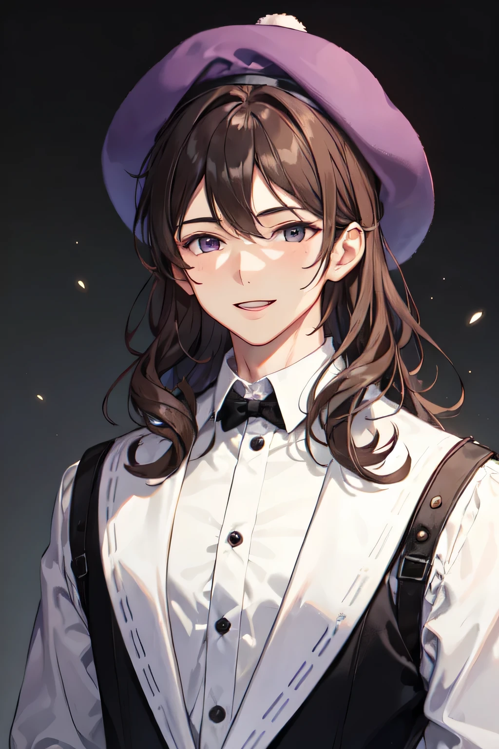 25 years old ((man)), innocence, brown curly hair, purple hat, shabby clothes, big smile face