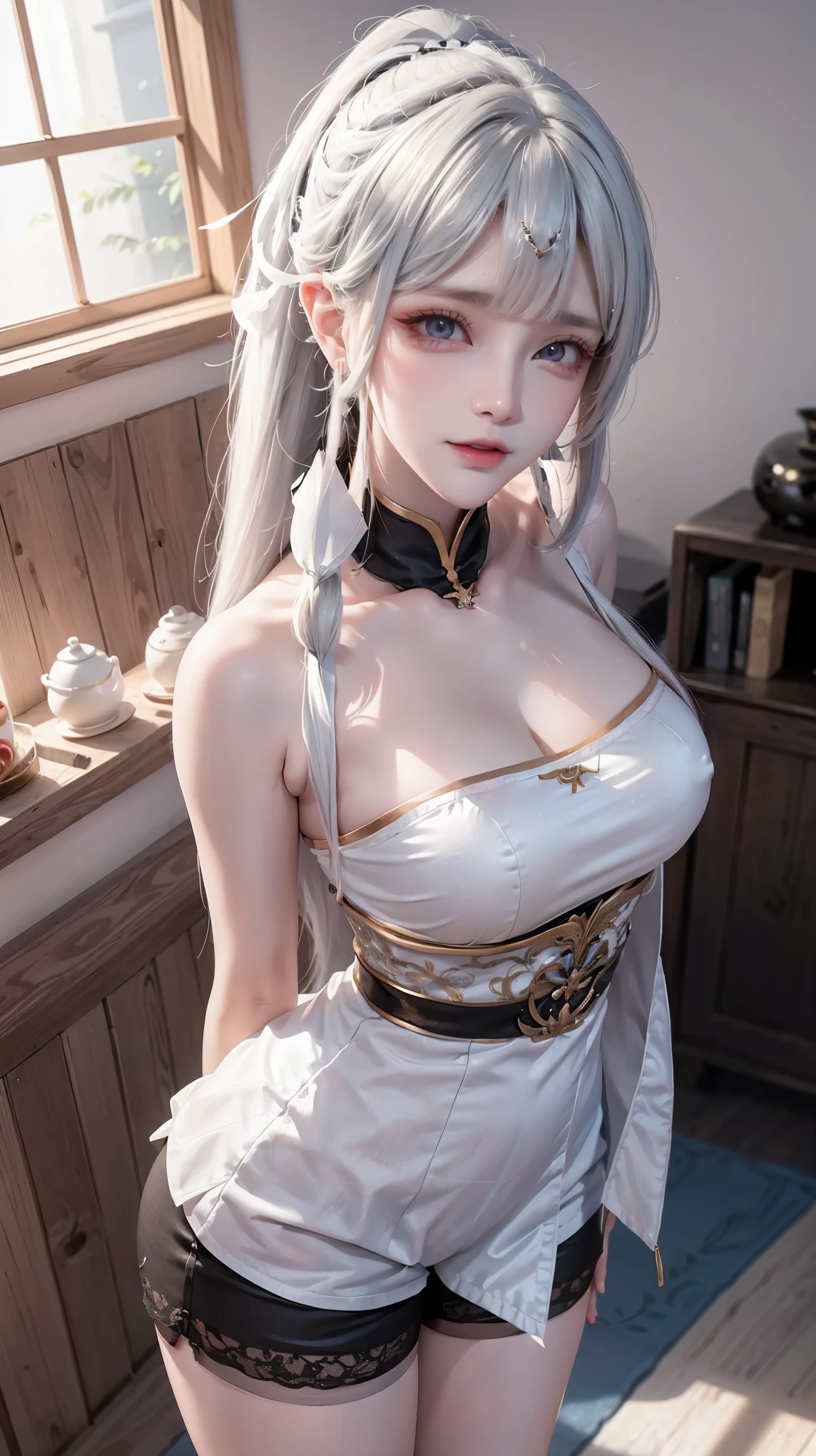 a white hair、Close-up of woman wearing white mask, beautiful figure painting, guweiz, Gurwitz style artwork, White-haired God, author：Yang Jie, Epic and beautiful character art, Stunning character art, author：FAN Qi, by Wuzhun Shifan, pixiv art station street guweiz, single ponytail, insult, high ponytail, tall figure, long legs, (sleeveless lace shirt), (shorts), (striped )), ((striped )), Walk, elegant, dignified, feminine, beautiful curves, sweet smile, Strong sense of detail and layering, Colorful and gorgeous, Has a unique texture, colorful, Color harmony, vivid, design art, 16K, super detailed, {{illustration}}, {extremely delicate and beautiful}, {Exquisite surface treatment}, super detailed, Exquisite glowing eyes, {{movie lighting}}, Extreme light effects, Model: realism, CFG size: 12, Laura: Bright texture (1.35), high quality, masterpiece, Exquisite facial features, Delicate hair depiction, Detailed depiction of eyes, masterpiece, best quality, Ray tracing, Extremely detailed CG unified 8K wallpaper, masterpiece, best quality, (1 girl), perfect female figure, (((White tight T-shirt))), beautiful eyes, (delicate face), short black hair, hair tied up, Light blue hairpins, Black silk frame glasses, in the classroom, (White skin), (best lighting), (Super intricate details), 4K unified, (super detailed CG), Showing white legs, , hot pants, shorts,