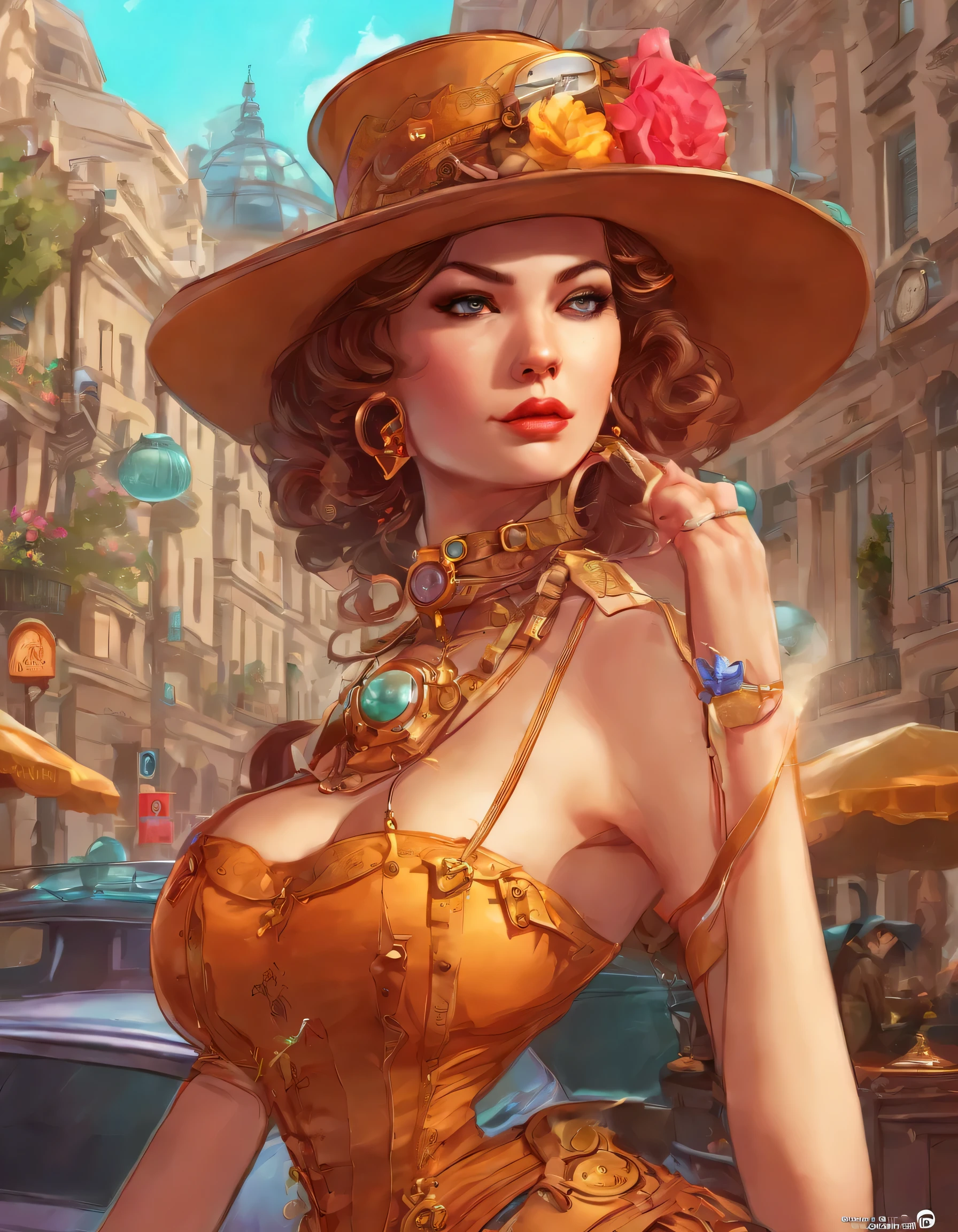 Photo (( )), wearing elegant dress steampunk items, modern days in Paris , difficult, elegant, very detailed, digital painting, art station, conceptual art, smooth, sharp focus, What.8ation, Artgerm&#39;s art, Greg Rutkowski and Alphonse Mucha.