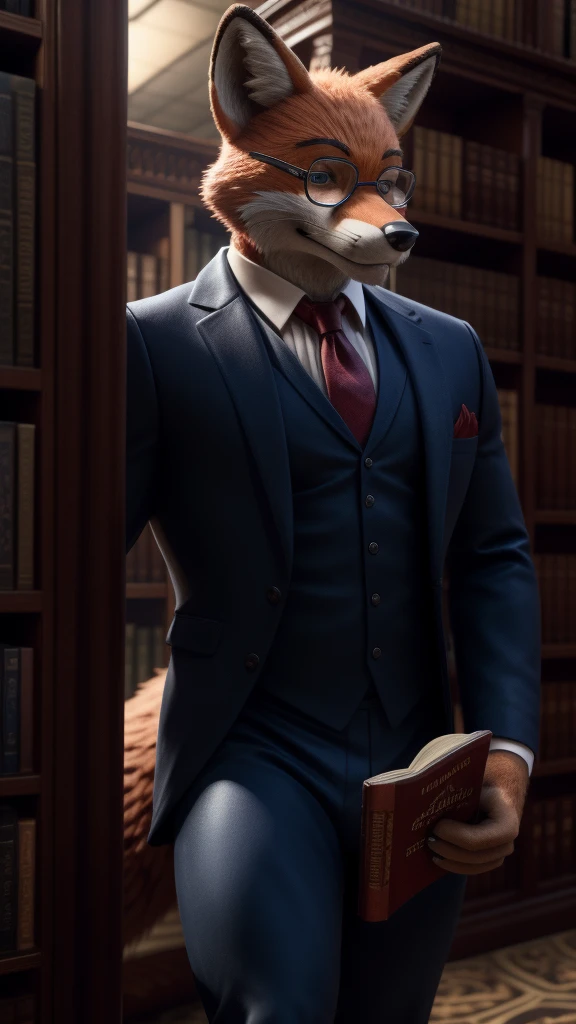 A muscular Fox male fursuit Wearing suit and tight thong and nerdy glasses Alone in the library reading a hentai manga total silence 3D cinematic style Hollywood live action Looking at the book fully concentrated