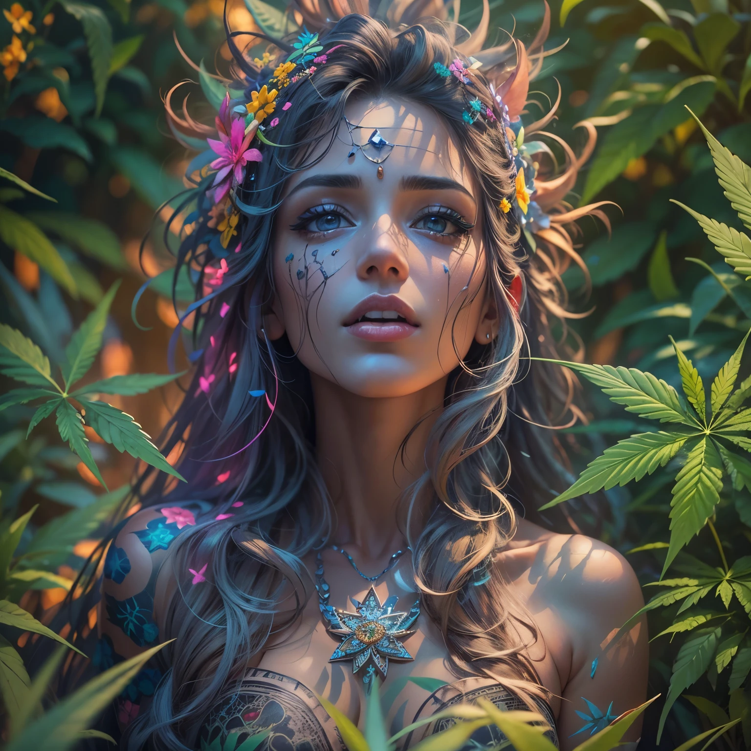 Top quality, masterpiece, super high resolution, ((Photorealistic: 1.4), raw photo, 1 beautiful girl buried in cannabis, ((portrait)), shiny skin, (super realistic details)), Cannabis and cocaine covering limbs, drug education. Beautiful woman with tongue sticking out, ((LSD)), psychedelic background, octane rendering, 8K, super sharp, metal, Intricate psychedelic details, very intricate details, realistic light, facing the camera, psychedelic details,