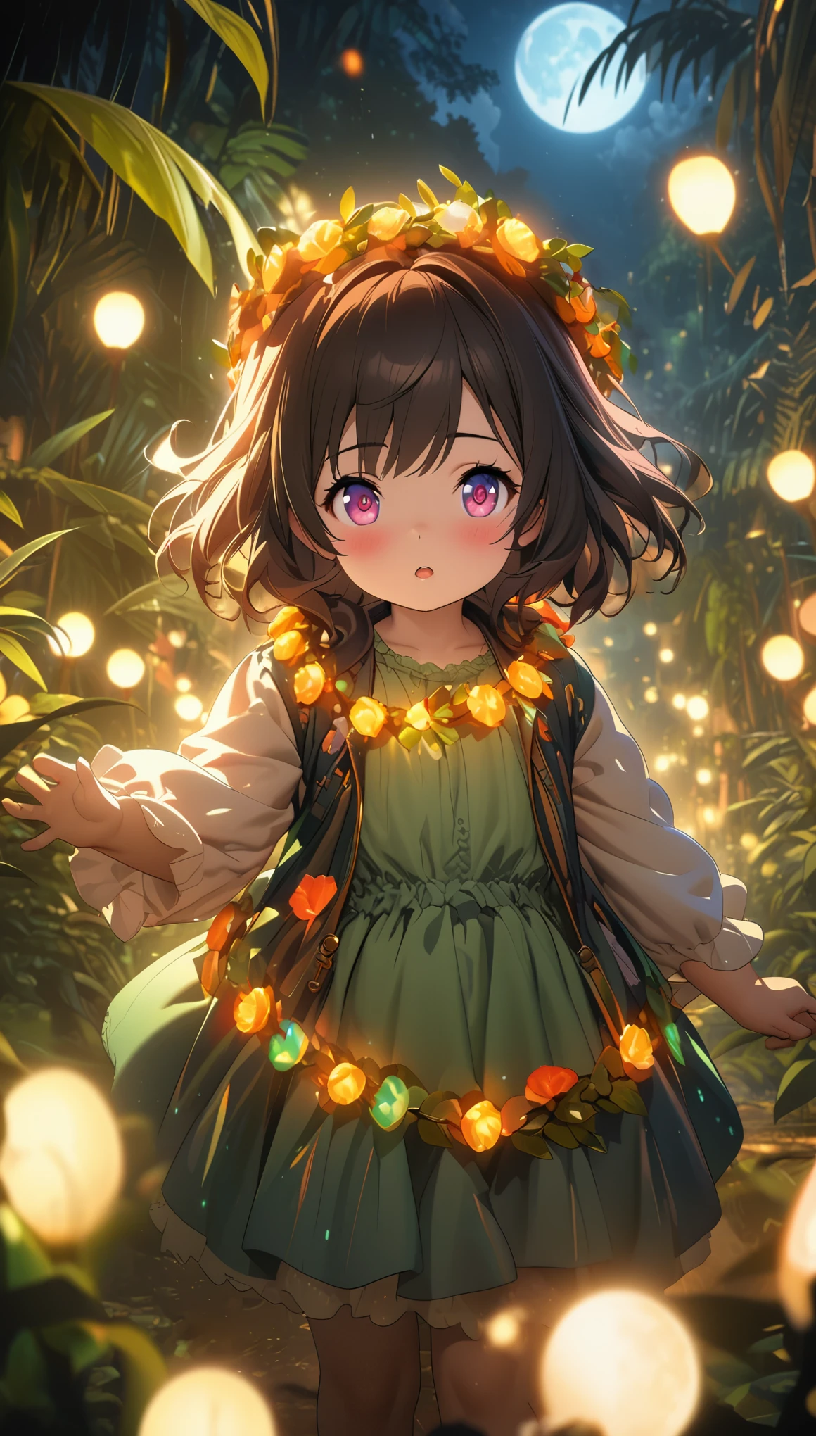 5 year old baby girl,Wearing a garland,jungle,firefly,close up,rich and colorful,night,moon,Glowing special effects,depth of field,Overclocked renderer,movie lighting,Ultra-fine,super detailed,CG art,