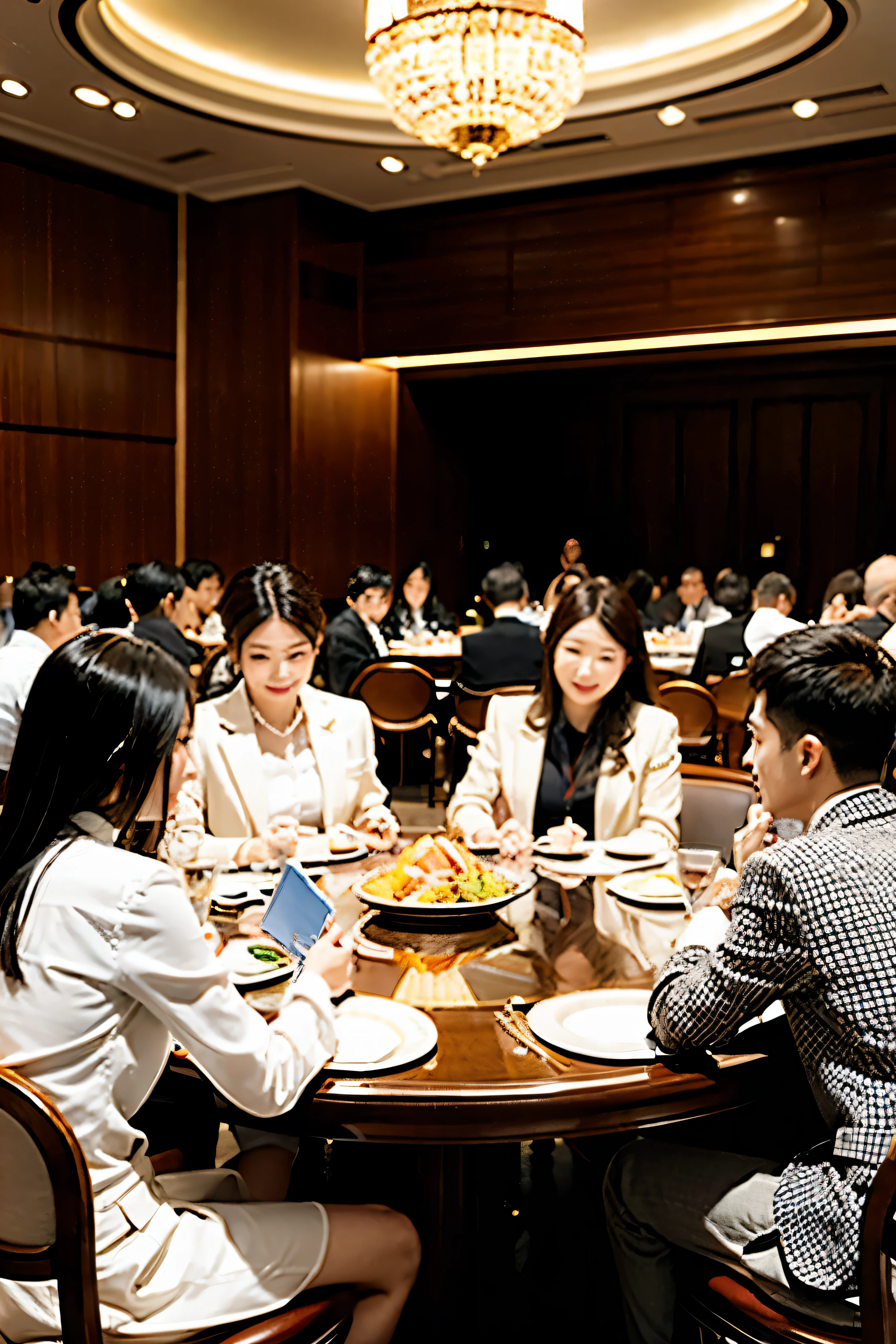 The hotel is very big,A round table,13 seats around the table,The table is based on the center of the round table,Chinese delicacies are arranged at intervals,Someone is doing it at every seat,no empty seats,Everyone's facial expression is happy,Holding wine glass in hand,The men are all wearing shirts and suit jackets,Women's professional shirt and suit skirt