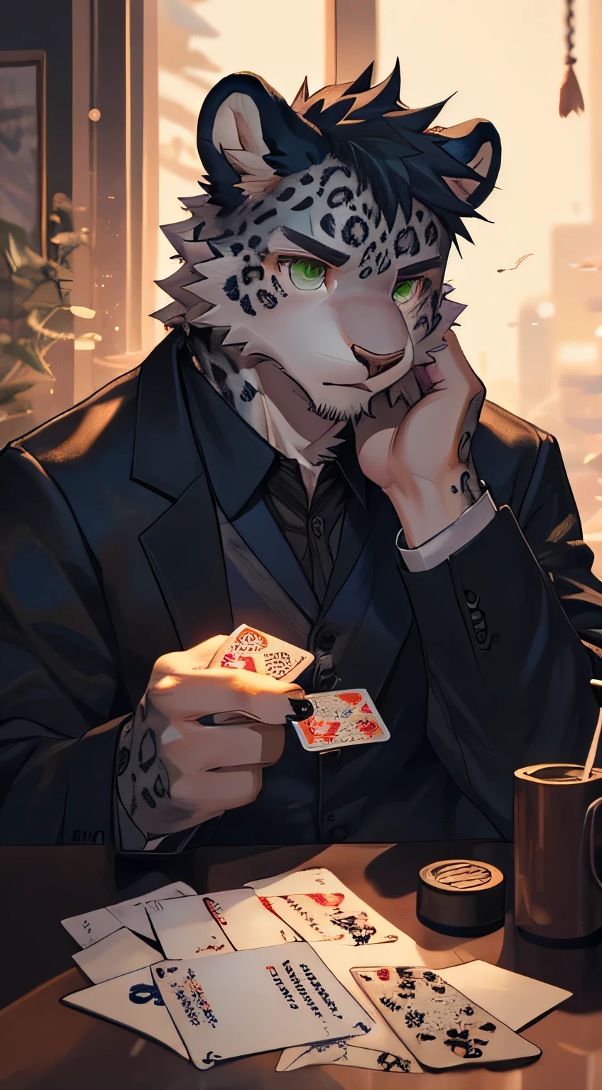 Cai Xukun's Cai Xukun'male, hairy, snow leopard, youth,alone, Handsome,white fur, green eyes, Bare bottom, playing cards,black suit,masterpiece, dramatic lighting, soft light, Very detailed, 4k HD,Manners are dignified