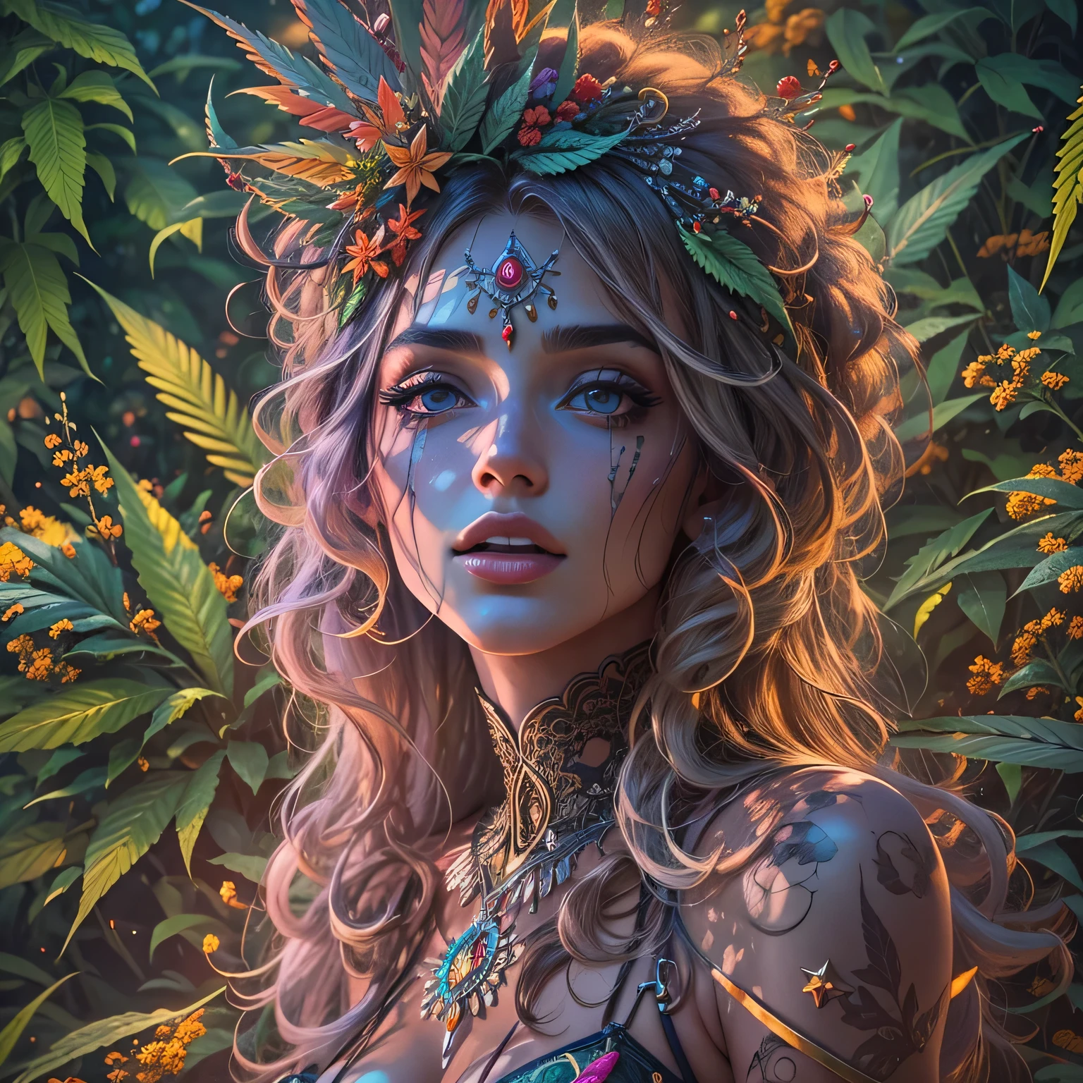 Top quality, masterpiece, super high resolution, ((Photorealistic: 1.4), raw photo, 1 beautiful girl buried in cannabis, ((portrait)), shiny skin, (super realistic details)), Cannabis and cocaine covering limbs, drug education. Beautiful woman with tongue sticking out, ((LSD)), psychedelic background, octane rendering, 8K, super sharp, metal, Intricate psychedelic details, very intricate details, realistic light, facing the camera, psychedelic details,