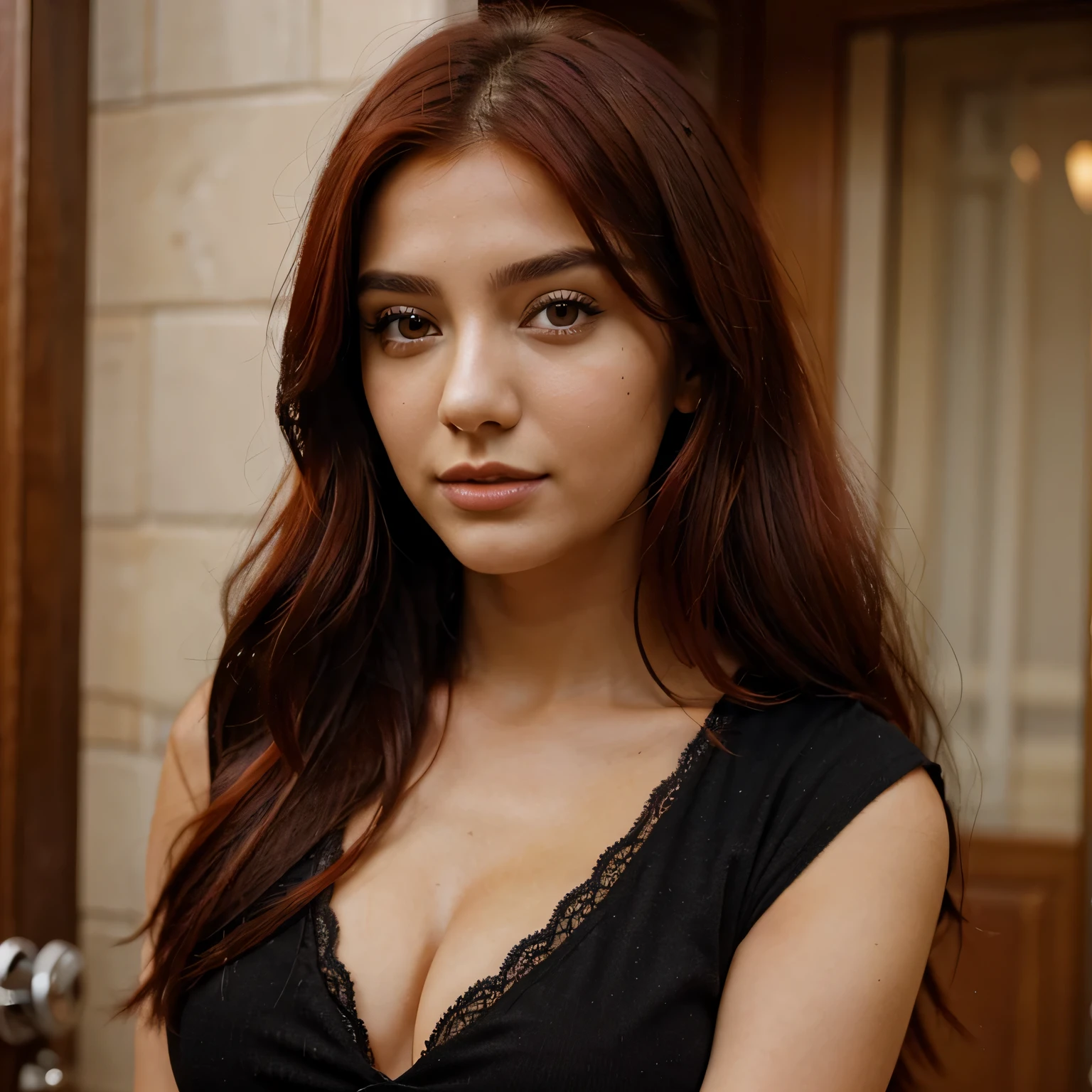 A very beautiful 20-year-old woman, A Turkish woman, Black - red hair color