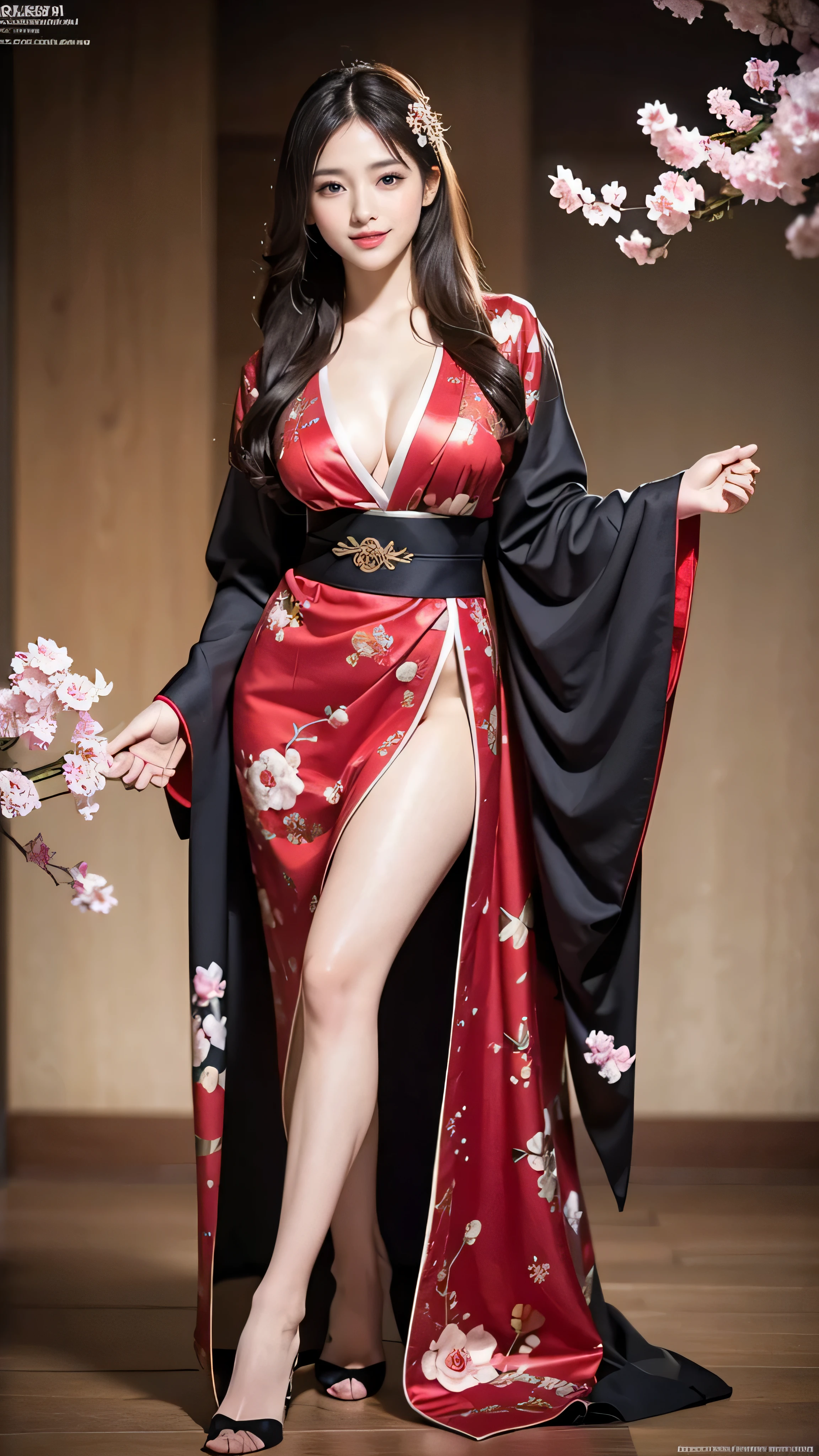 Best Quality, Masterpiece, High Resolution,detailed face,full body, 1girl,sexy, sexy kimono Costume, , Real People, (High Detail Skin: 1.4), SLR, Soft Light, High Quality, High Resolution, Background fantasy world, dynamic pose , flirty pose, smile , charming face , long hair , cherry bloosom