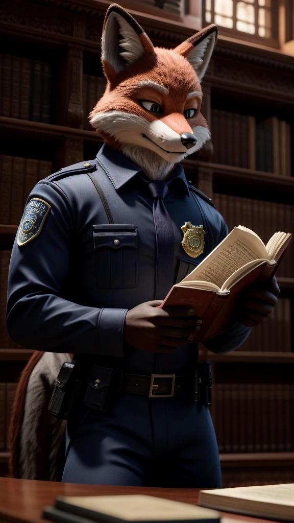 A feminin Fox male fursuit Wearing police uniform Alone in the library reading a  manga total silence 3D cinematic style Hollywood live action Looking at the book fully concentrated