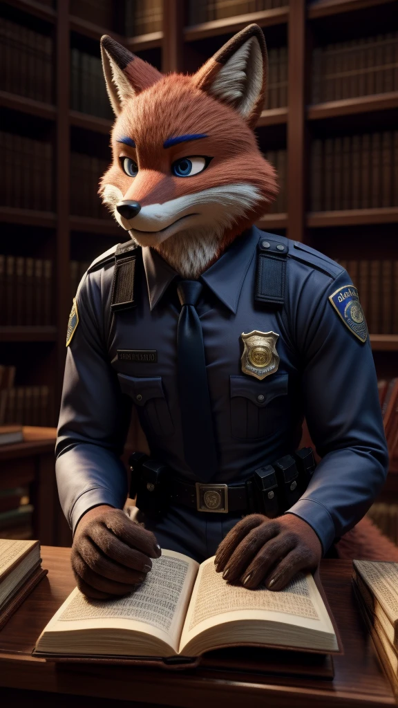 A feminin Fox male fursuit Wearing police uniform Alone in the library reading a hentai manga total silence 3D cinematic style Hollywood live action Looking at the book fully concentrated