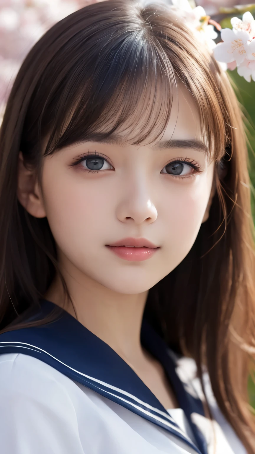 (1 young girl), wonderful face and eyes, (amazingly beautiful girl), (highest quality:1.4), (super detailed), (very detailed CG 統合 8k 壁紙), very detailed, High-definition RAW color photo, professional photography, delicate eyes, double eyelid, droopy eyes, smile, sailor suit, , School, spring, cherry blossoms,