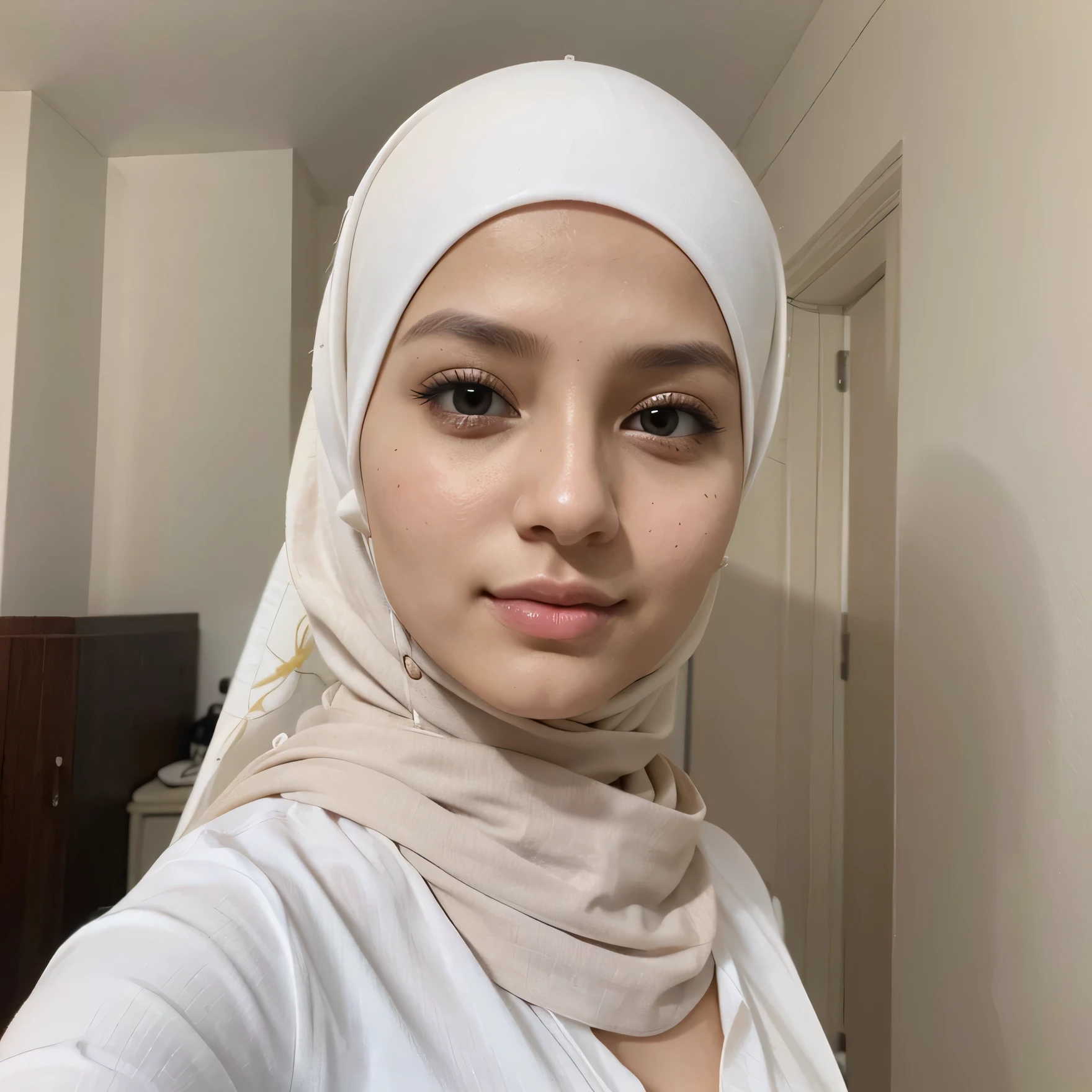 Create a beauty girls in hijabi age 25-30 skin color white netural front camera salfy taked the home