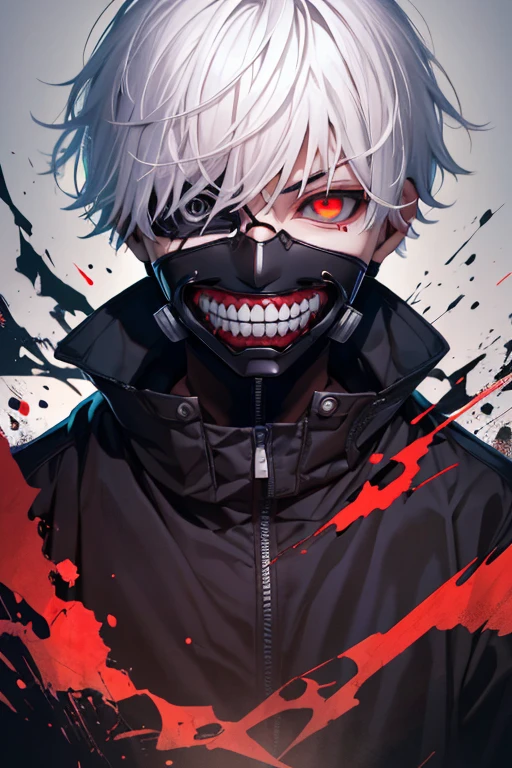 8k, anime, portrait, best quality, ultra high res, ultra detailed, high quality:1.4), (kaneki ken), white hair, red and black eye, mask | teeth, blood eyes, black jacket, white background, evil smile, evil, horror, sharp eyes, sharp teeth, devious