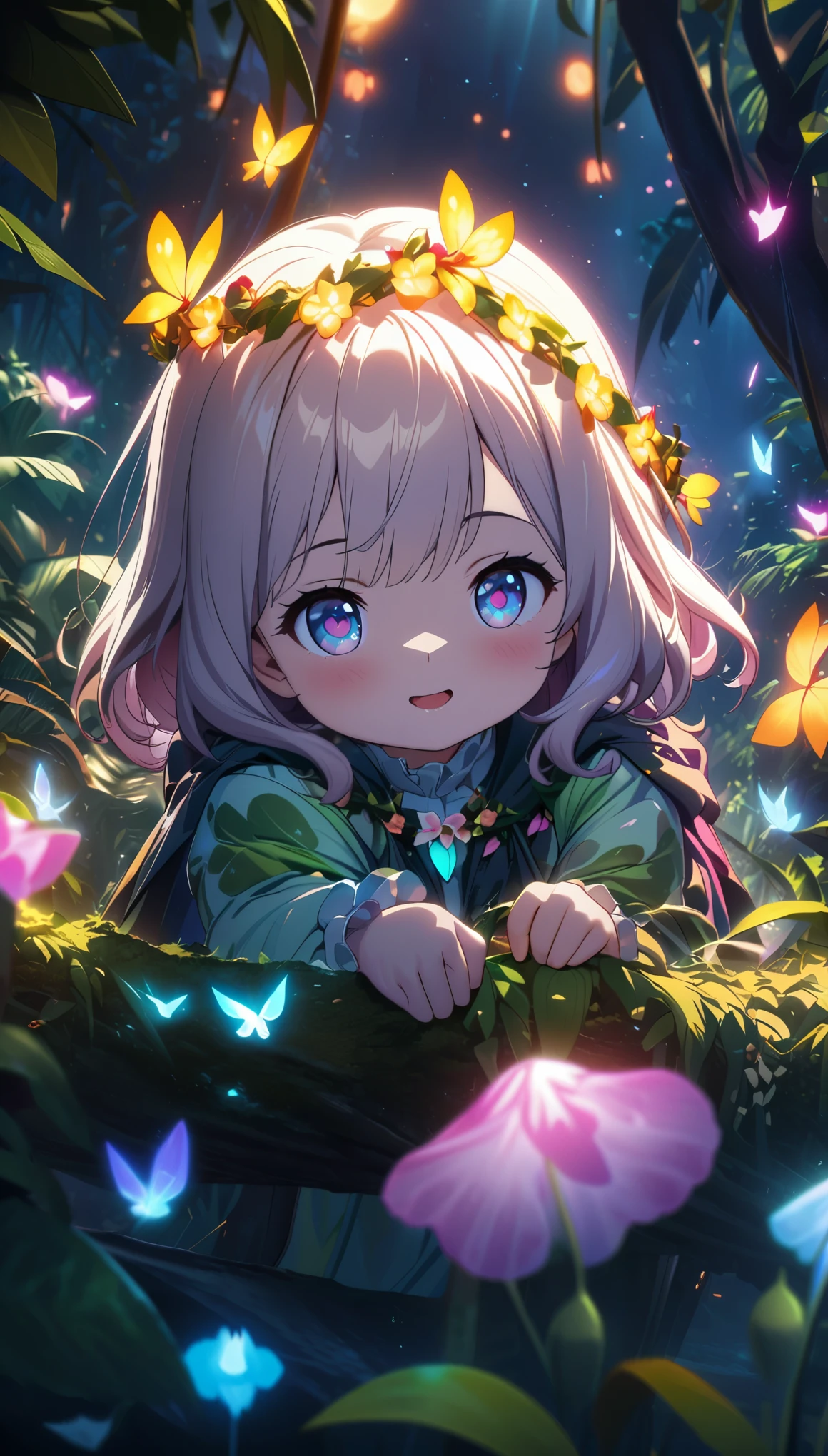 5 year old baby girl,Wearing a garland,jungle,firefly,close up,rich and colorful,night,moon,Glowing special effects,depth of field,Overclocked renderer,movie lighting,Ultra-fine,super detailed,CG art,