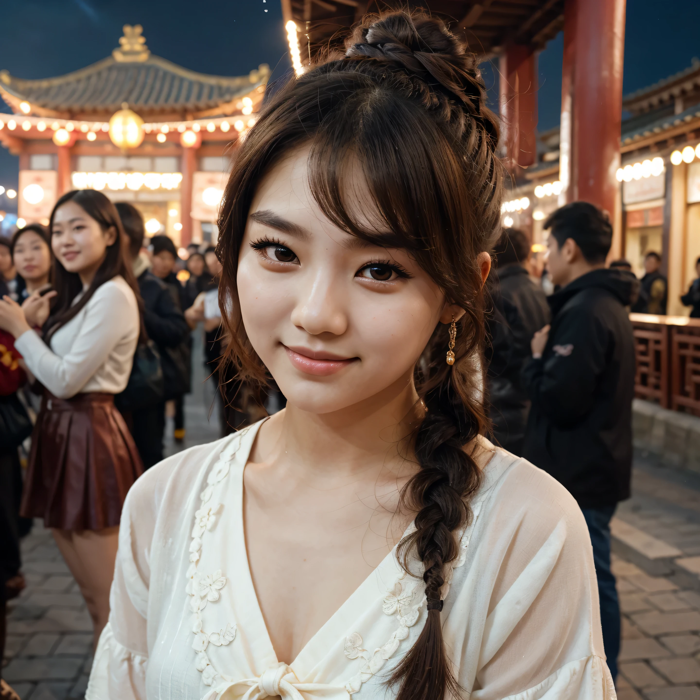 Kpop idol: 1.2, mix4, 1 Korean girl, 14 years old, (light eyebrows: 1.4), shiny brown eyes, bun head, tied two braids, ancient city, Chinese temple, high mountain, beautiful detail sky, street (crowd:1.2), night, (nose blush), hanfu, happy, smile
