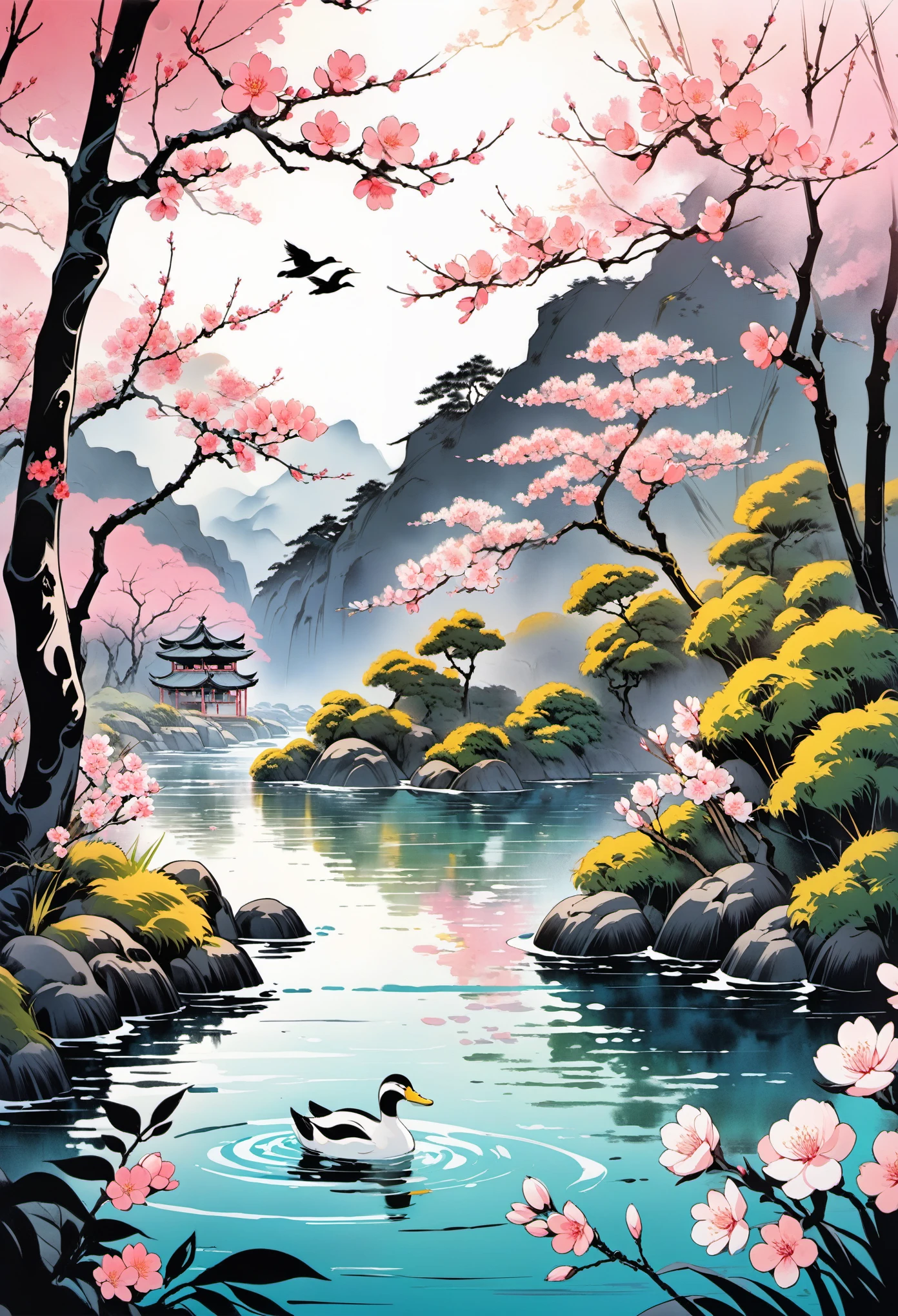 There are some peach blossoms and bamboos in the spring river. The peach blossoms are in full bloom, the graceful pink is swaying at the water's edge, and the water of the Spring River is warm and serene. A smart duck swims in the water, as if it can predict the arrival of spring.
Ink painting style, ink art, masterpieces,