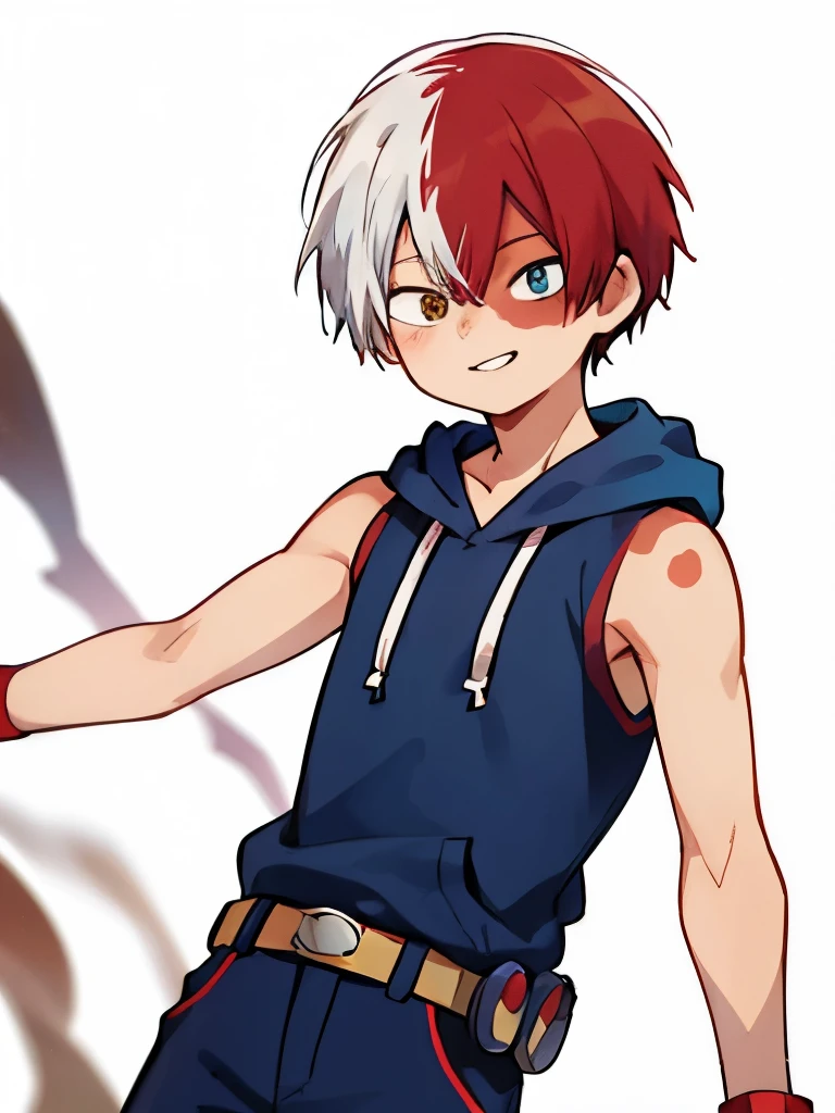 Highres, Masterpiece, Best quality at best,High-quality illustrations, Best Quality,hight quality, horikoshi kouhei, 1boy, Boy, Young boy, Todoroki shouto, bangs, blue eyes, blurry, Blurry background, boku no hero academia, burn scar, closed mouth, Sleeveless hoodie, Slim body, Belt, gugugunogu, heterochromia, multicolored hair, red hair, scar, scar on face, smile, solo, white hair, yellow eyes