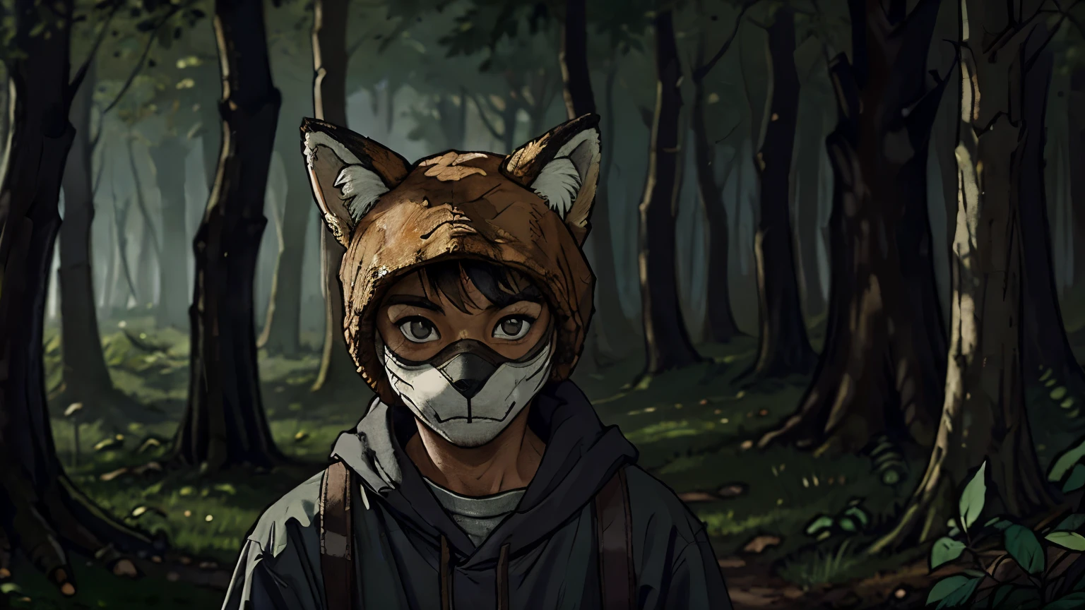 boy in fox mask with old clothes in a darker mood with a forest in the background, com olhos amarelados no escuro.