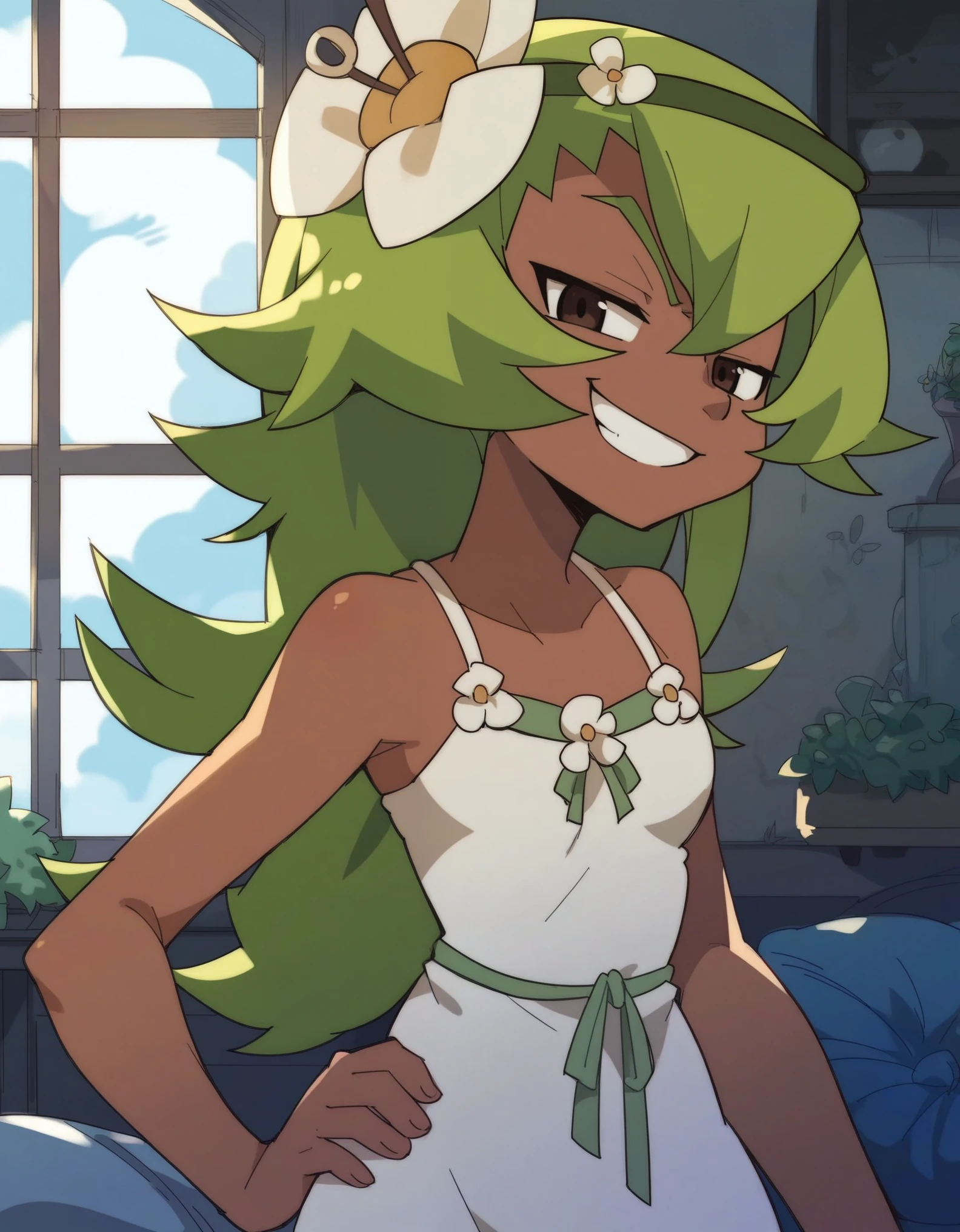 (score_9, score_8_up), score_7_up, score_6_up, anime screenshot, looking at viewer, clouds, 1girl, amalia sheran sharm, green hair, green hairband, hair ornament, hair flower, dark skin, brown eyes, nightgown, bedroom, looking at viewer, grin, half-closed eyes, cowboy shot, hand on own hip,