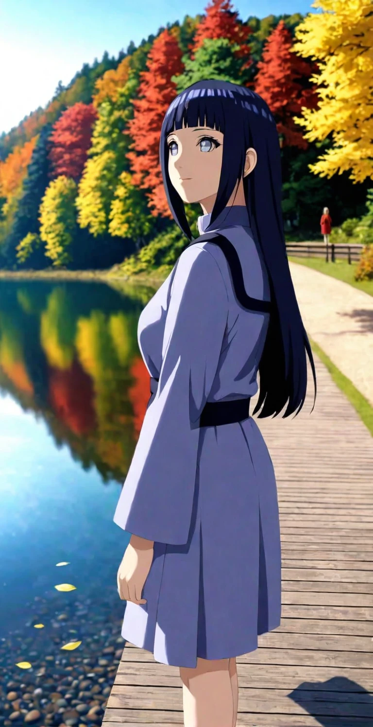 close-up from side, (adult-Hinata) walk next to lake, [enchanting, surreal, studio lighting, HDR, UHD, K]