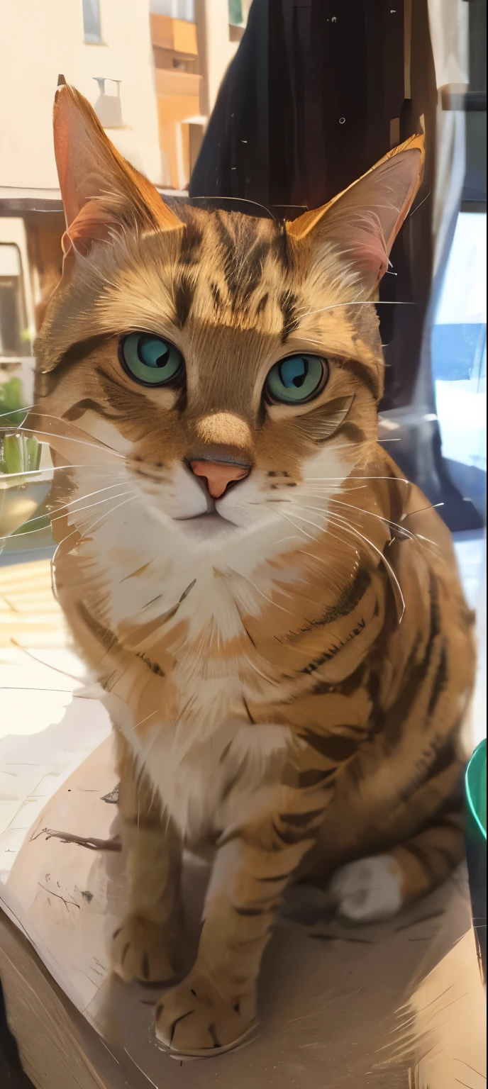 Tabby cat, green eyes, seated next to a window, happy