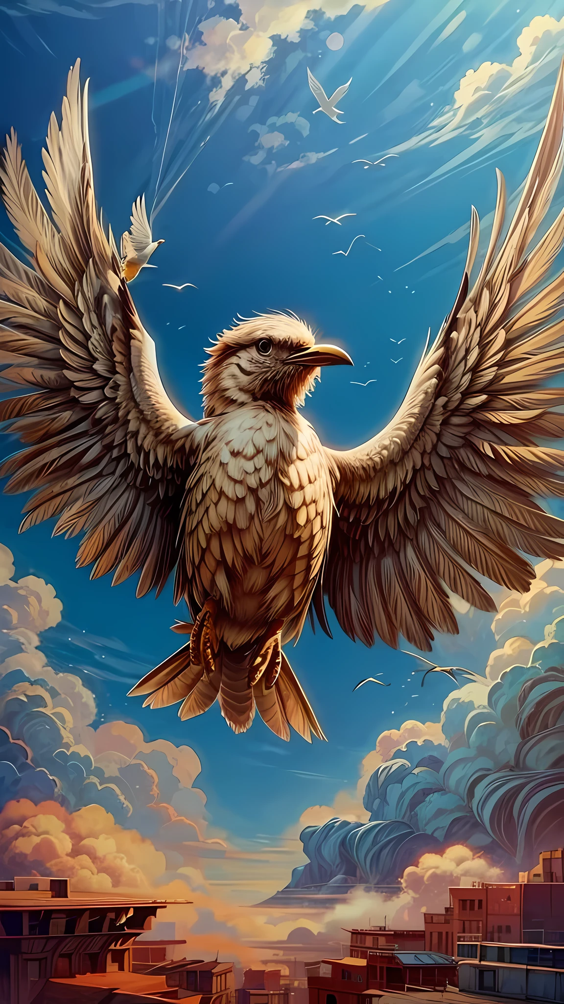 A bird flying in the sky with open wings