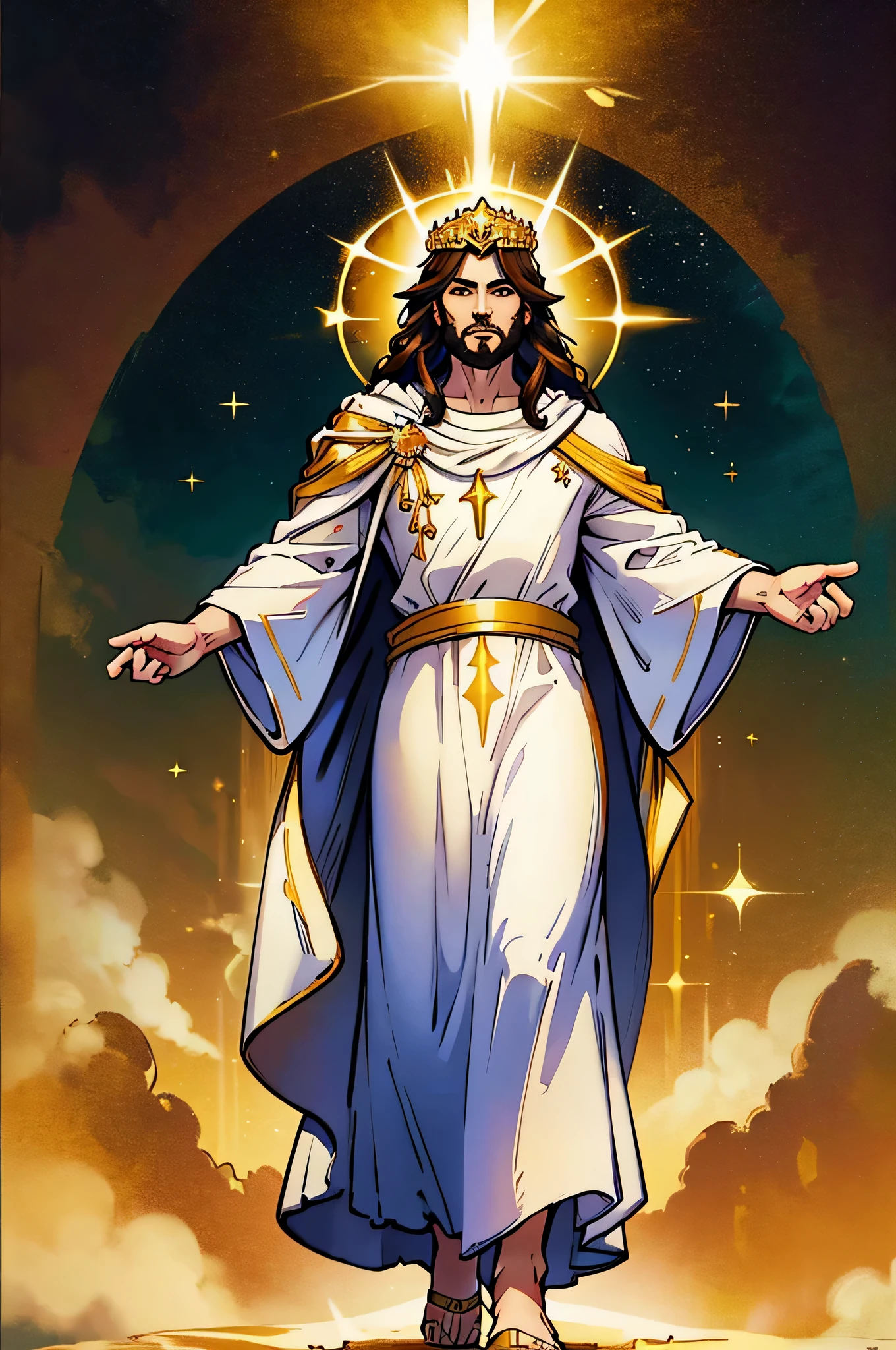 an image of Jesus Christ in full body, descending from the sky shining with glory, with a crown on his head, white robe with gold details
