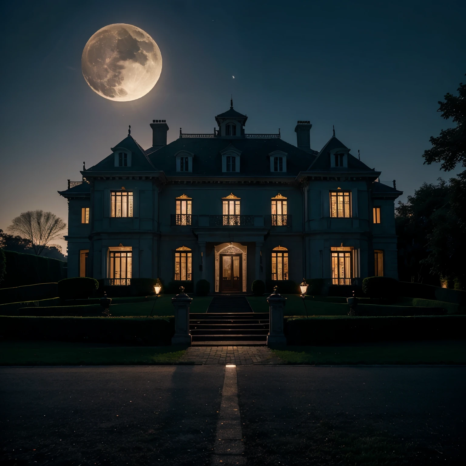 Night landscape with beautiful full moon illuminating a mansion with the lights off