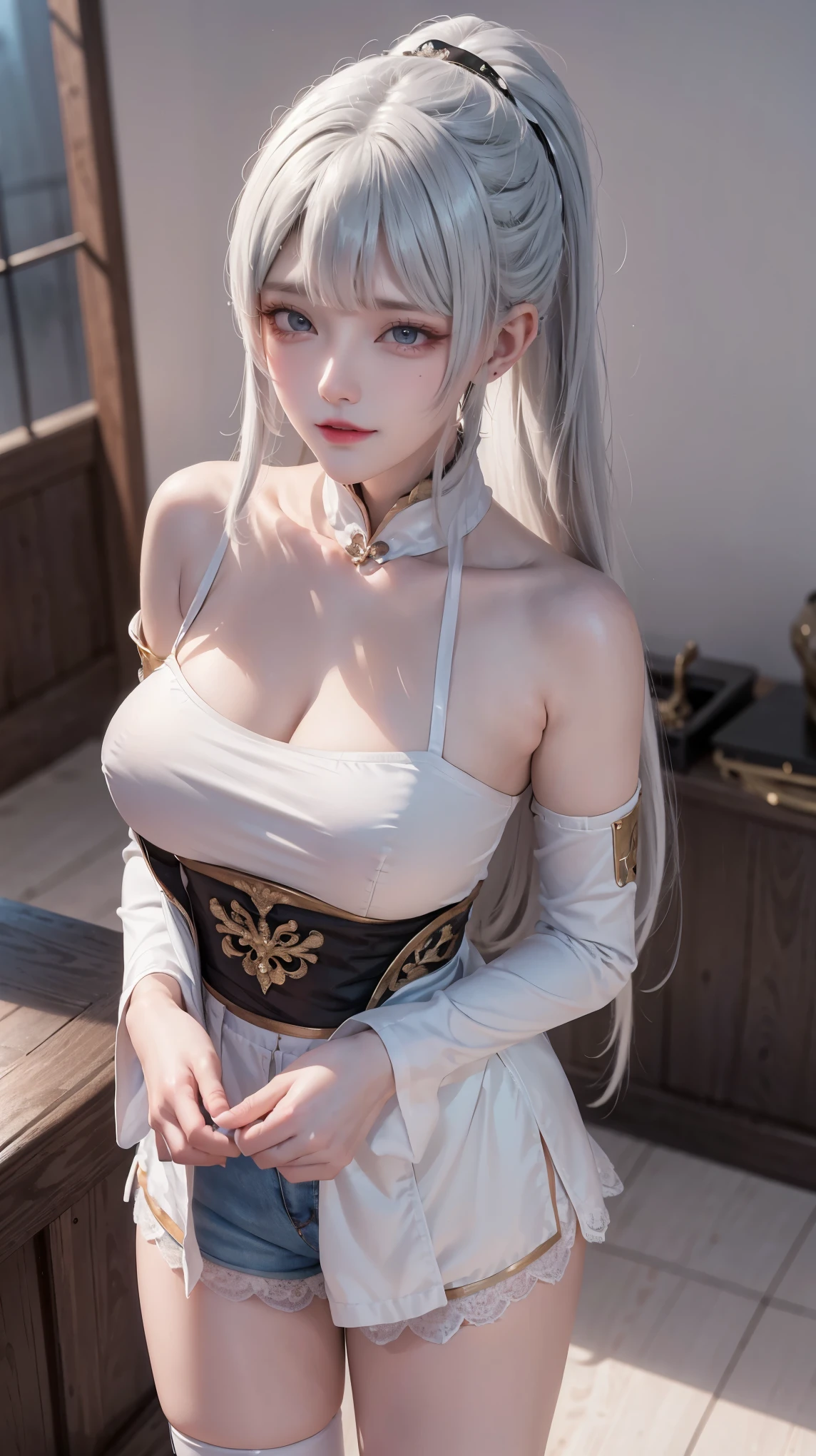 a white hair、Close-up of woman wearing white mask, beautiful figure painting, guweiz, Gurwitz style artwork, White-haired God, author：Yang Jie, Epic and beautiful character art, Stunning character art, author：FAN Qi, by Wuzhun Shifan, pixiv art station street guweiz, single ponytail, insult, high ponytail, tall figure, long legs, (sleeveless lace shirt), (shorts), (striped )), ((striped )), Walk, elegant, dignified, feminine, beautiful curves, sweet smile, Strong sense of detail and layering, Colorful and gorgeous, Has a unique texture, colorful, Color harmony, vivid, design art, 16K, super detailed, {{illustration}}, {extremely delicate and beautiful}, {Exquisite surface treatment}, super detailed, Exquisite glowing eyes, {{movie lighting}}, Extreme light effects, Model: realism, CFG size: 12, Laura: Bright texture (1.35), high quality, masterpiece, Exquisite facial features, Delicate hair depiction, Detailed depiction of eyes, masterpiece, best quality, Ray tracing, Extremely detailed CG unified 8K wallpaper, masterpiece, best quality, (1 girl), perfect female figure, (((White tight T-shirt))), beautiful eyes, (delicate face), short black hair, hair tied up, Light blue hairpins, Black silk frame glasses, in the classroom, (White skin), (best lighting), (Super intricate details), 4K unified, (super detailed CG), Showing white legs, , hot pants, shorts,