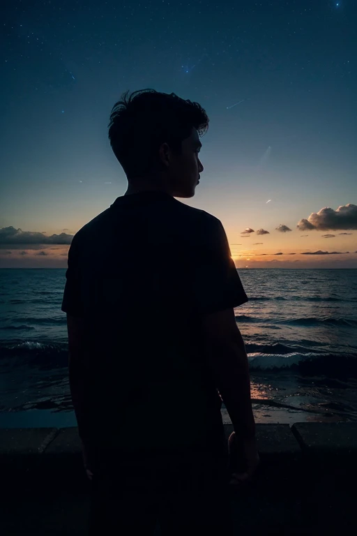 ,silhouette,1boy, star (sky), cloud, seascape, sea, outdoors, skyscraper, , night, night sky, sunset, skyline,realistic