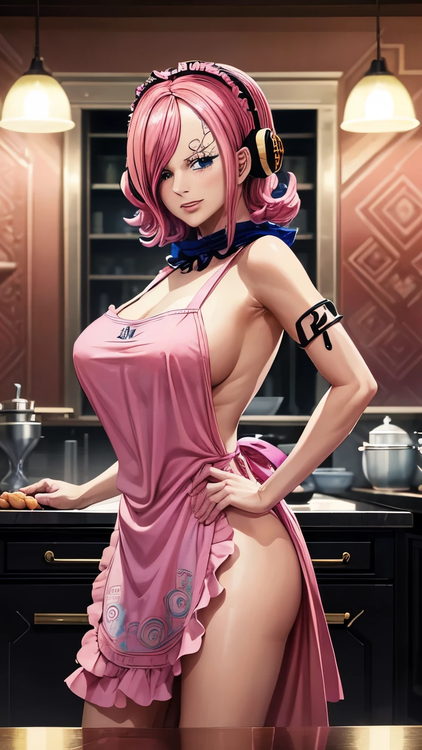 masterpiece, absurdres , (intricate details), (colorful),cinematic lighting, bust shot, extremely detailed CG unity 8k wallpaper, 1girl, Reiju, hair darker pink,complete Apron , with shoulder length hair,covering her right eye, curling upwards at the tips, , nakeon, kitchen, blush, looking at viewer, Reiju