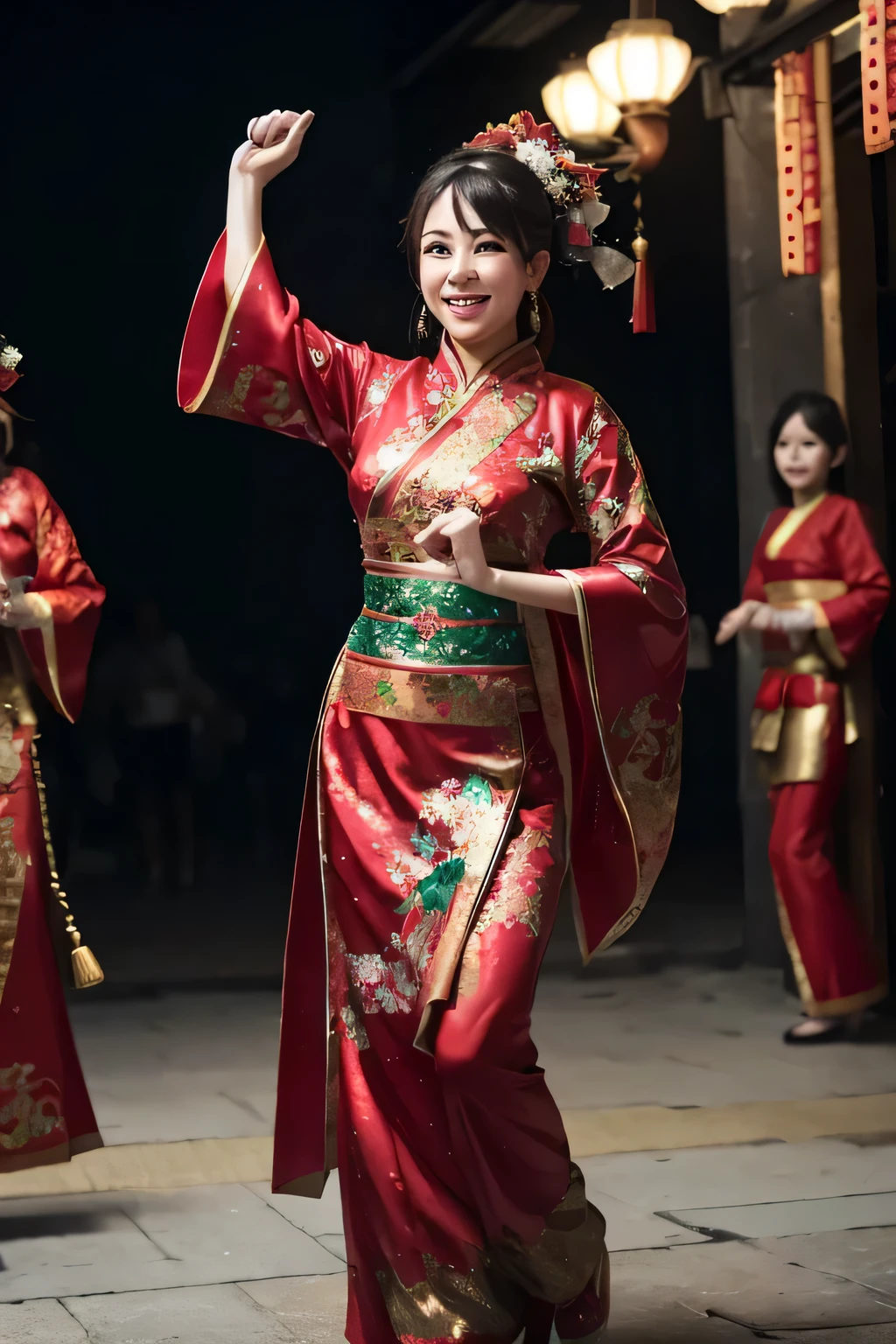 umbrella in hand. raining confetti. blurred confetti in front of the camera, festive woman in the background