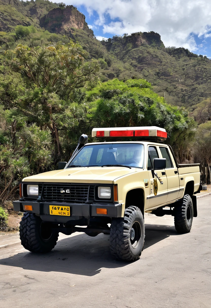 chevrolet pick up modelo 1988, 6x6 neumaticos todo terreno, doble cabina 4 puertas, pintada camouflaje verde marron y beige, letrero policia nacional pintado en las puertas, imagen panoramica angular completa, hiperreal y fotografica reluciente