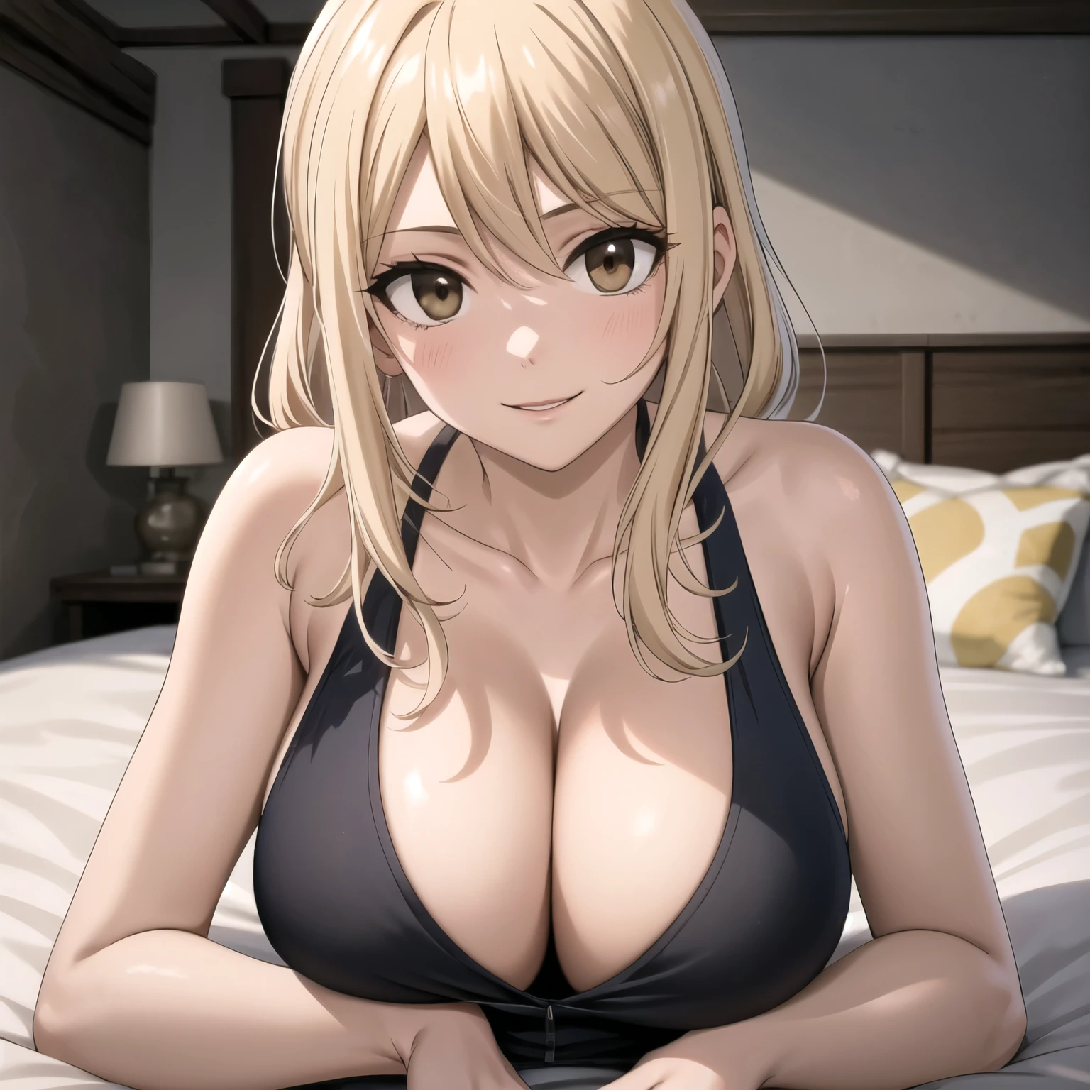 obra maestra, Mejor calidad, high resolution, Lucy Heartfilia, pelo rubio, pelo largo, pechos grandes, lenceria sexi, tendido, mirando al espectador, en cama, sonrisa,, acostada boca arriba en una cama.
