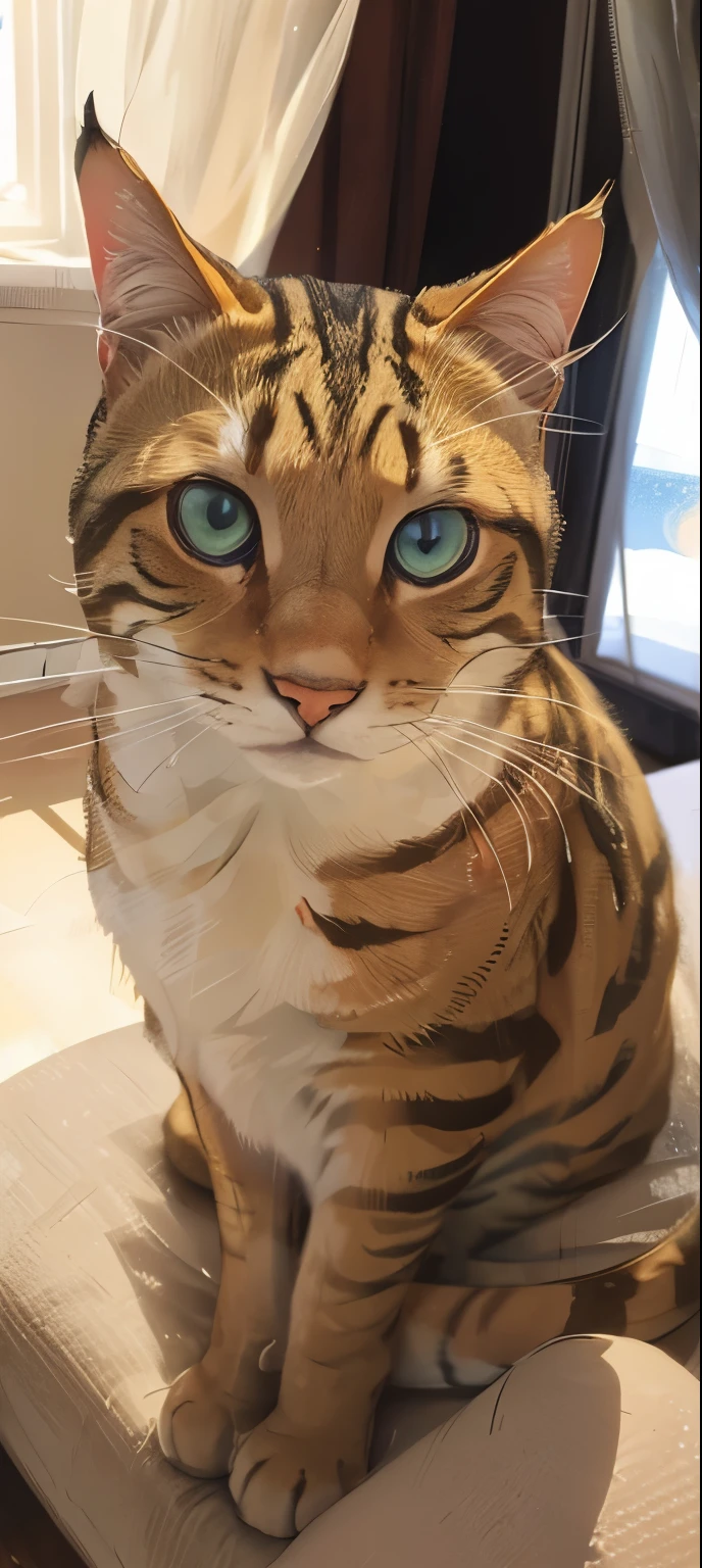 tabby cat, green eyes, seated next to a window