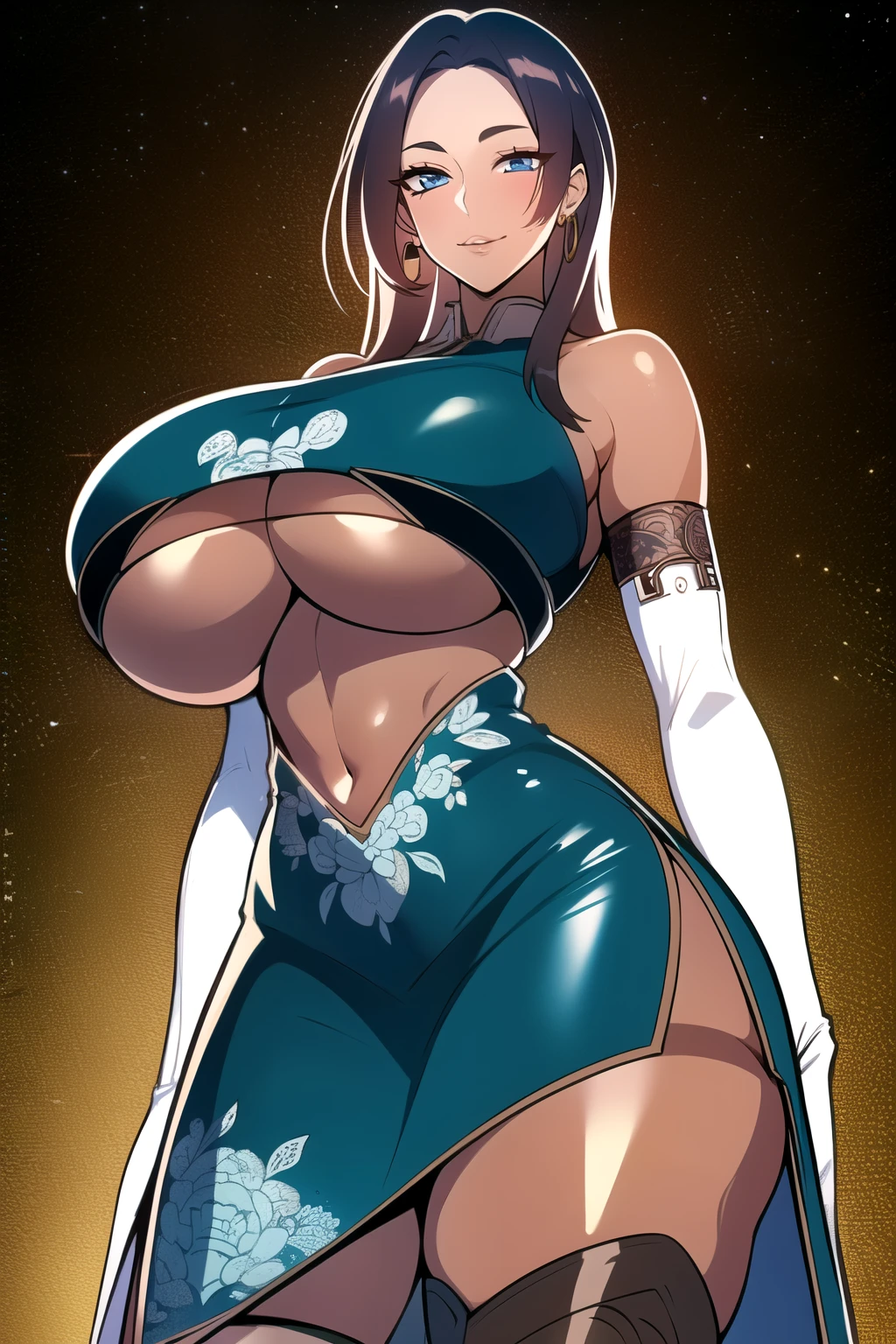 ultra realistic 8k cg, masterpiece, (( intricate detail, highly detailed, fine details best quality, hyperdetailed face)), gigantic breasts ,beautiful lighting, absurdres, BoaHancockV2,  1girl, solo, black hair, long hair, jewelry, closed mouth, ), (chinese dress, (underboob : 1.4), elbow gloves, thigh boots, split skirt, bare shoulders, curvy, midriff, curvy, thighs, shiny clothes), blue eyes, (complex detailed background, inside, luxury palace), ((cowboy shot)), curvy, (gigantic breasts: 1.1), seductive smile, cowboy shot, (tan skin :1.1) (tan face:1.1)