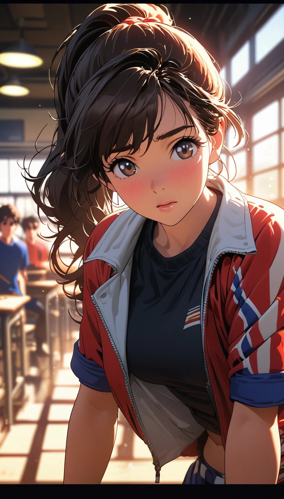 Comic city hunter style,15 year old beautiful girl,classroom,sportswear ,ponytail,Shy,close up,colorful,Japanese manga artist Tsukasa Hojo'style,depth of field,Overclocked renderer,movie lighting,Super fine,super detailed,complicated,cinematic perspective,CG art,