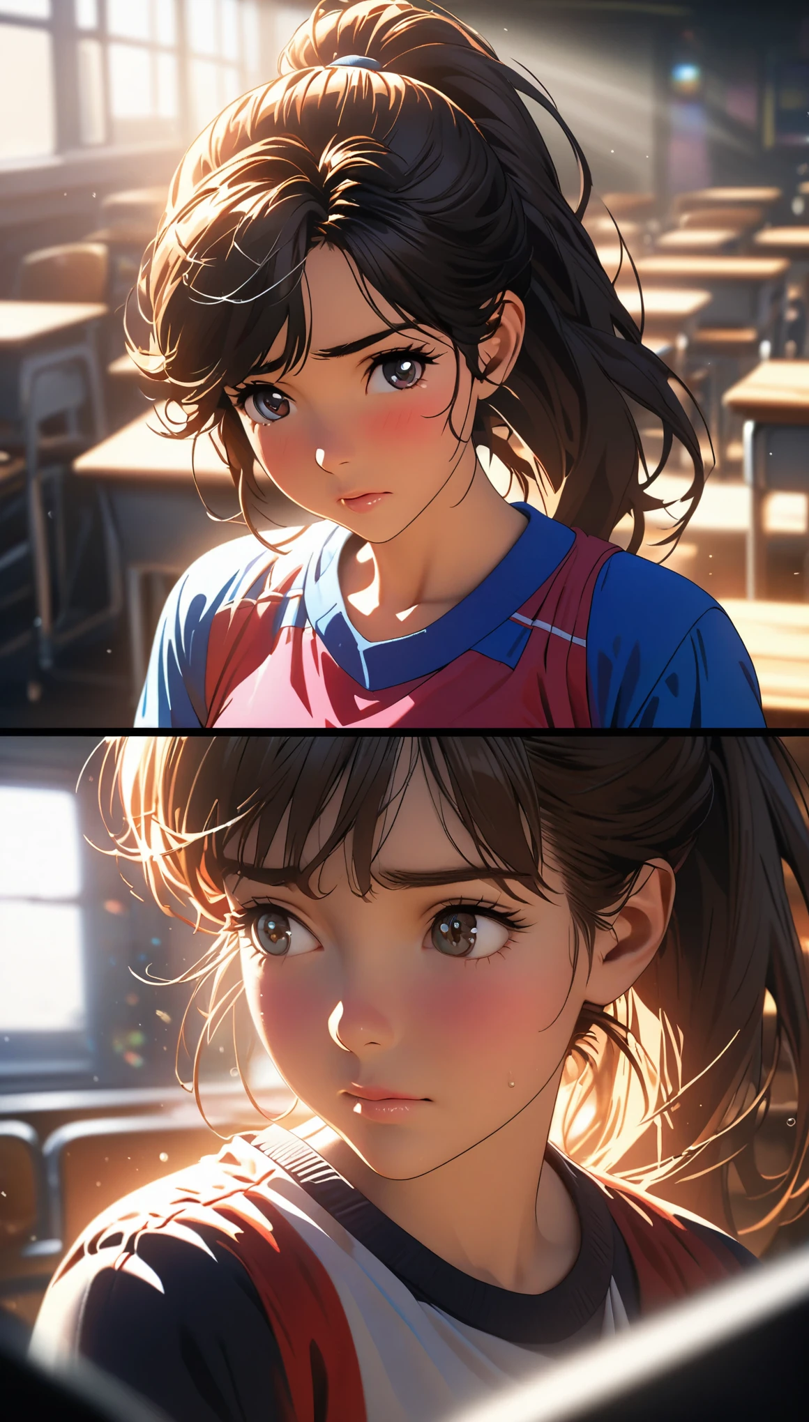 Comic city hunter style， beautiful girl，classroom，sportswear ，ponytail，Shy，close up，colorful，Japanese manga artist Tsukasa Hojo&#39;style，depth of field，Overclocked renderer，movie lighting，Super fine，super detailed，complicated，cinematic perspective，CG art，